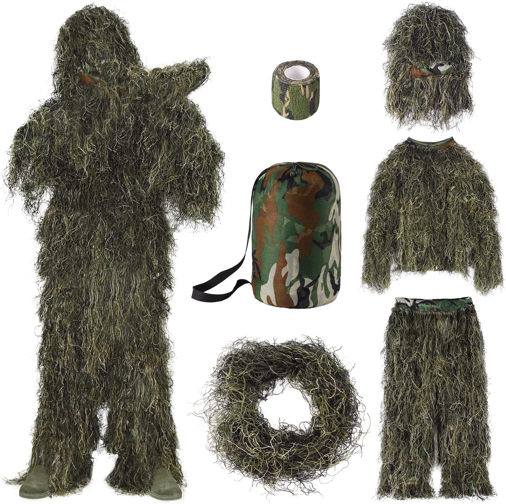Seeutek 6 in 1 Ghillie Suit, 3D Camouflage Hunting Apparel Including Jacket, Pants, Hood, Carry Bag and Camo Tapes
