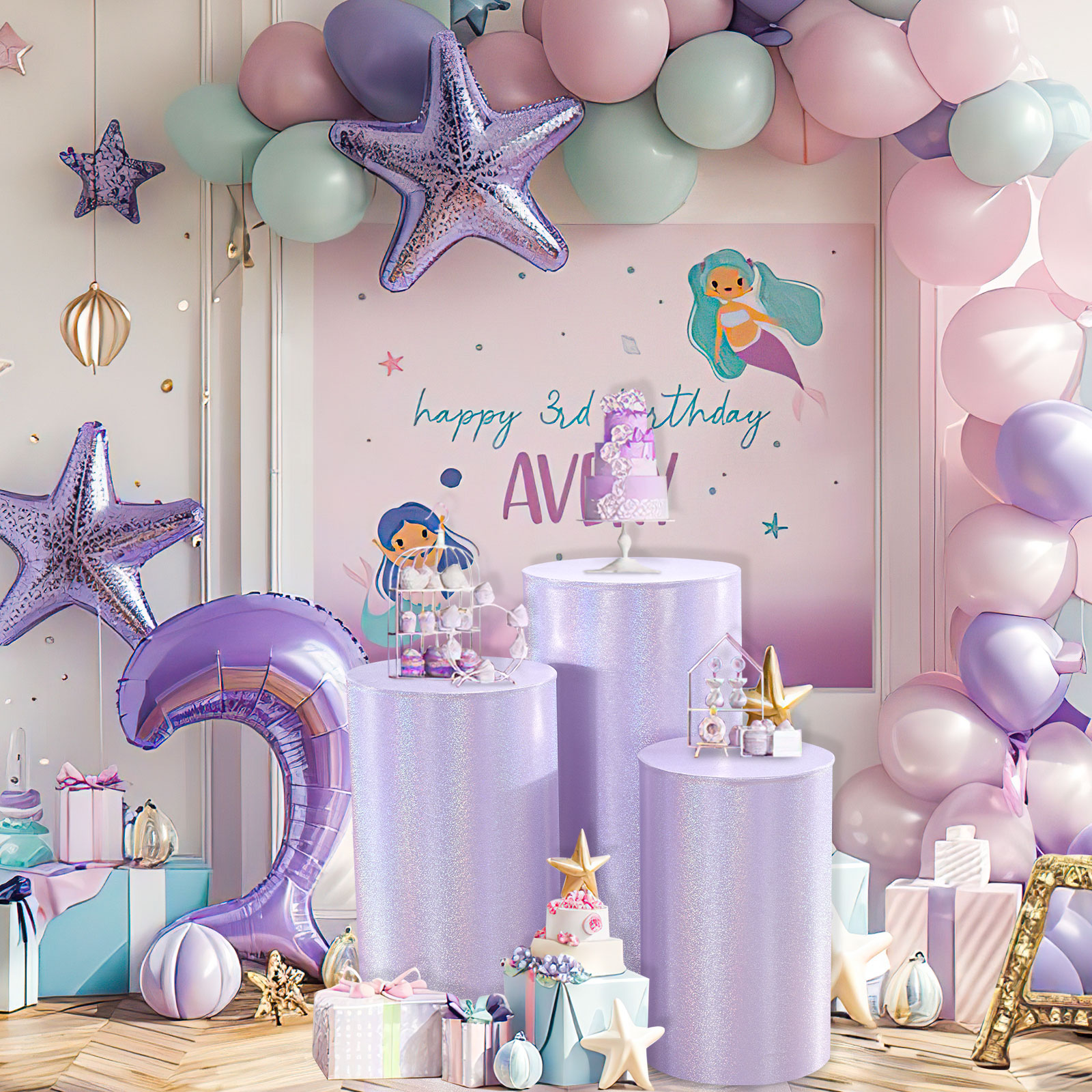Esquirla 5-Piece Cylinder Pedestal Stand Covers - Light Polyester Covers For Graduation, Weddings, Parties (Light Purple)