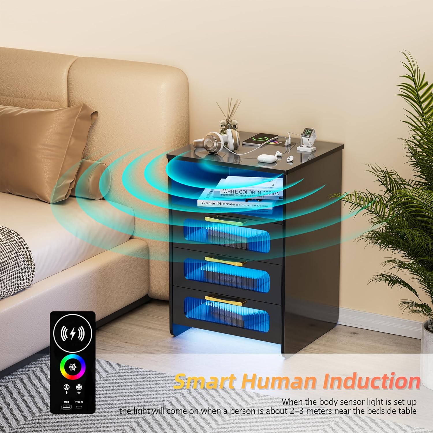 Diagram illustrating the smart human induction feature of the nightstand.