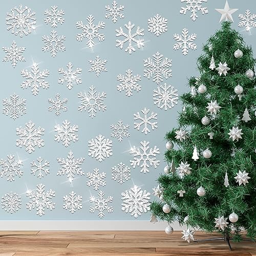 Miniatura 7 de 72 piezas de recortes de copo de nieve de invierno con purpurina de papel de copo de nieve para decoración de tablón de anuncios, decoración de
