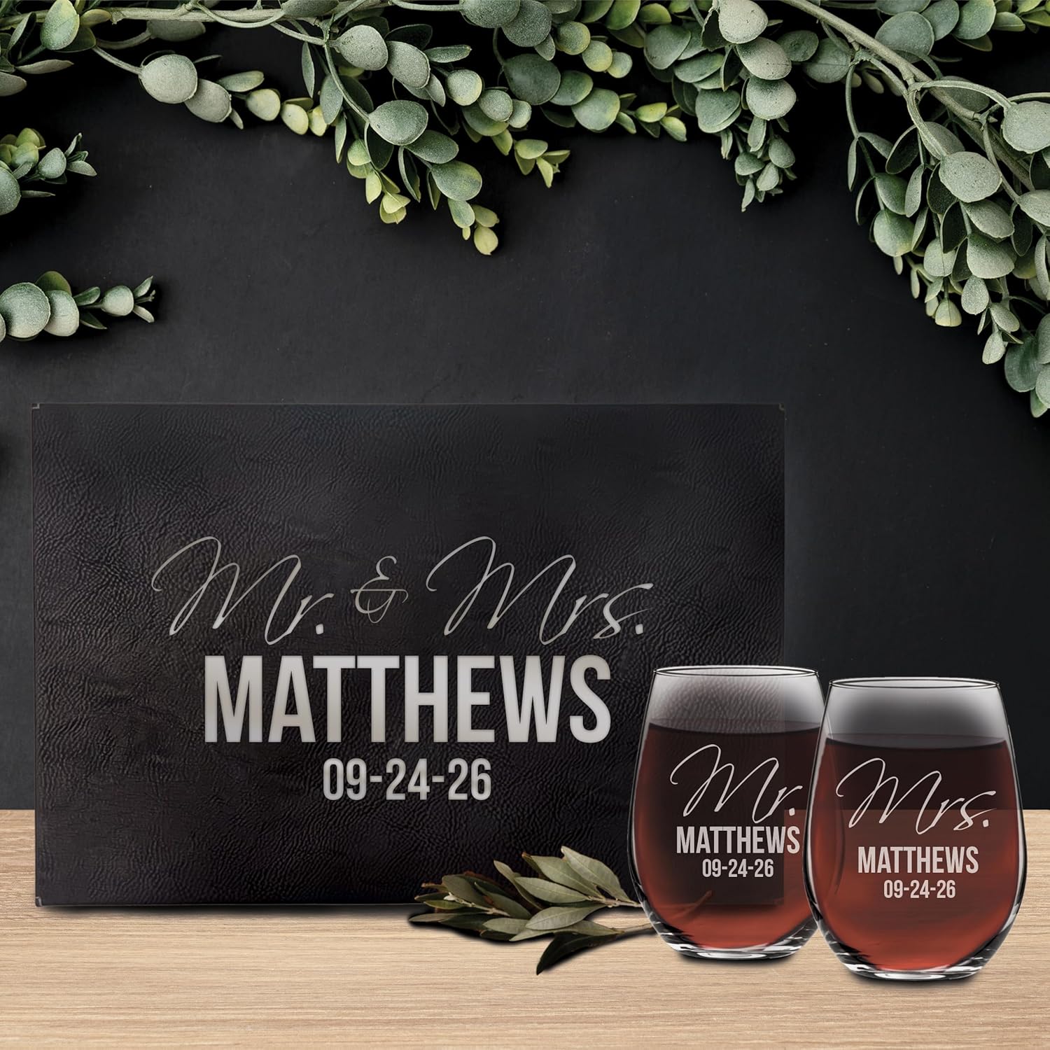 My Personal Memories Set of 2 Mr and Mrs Personalized Stemless Wine Glasses - Engraved Custom Monogrammed Glassware Gifts