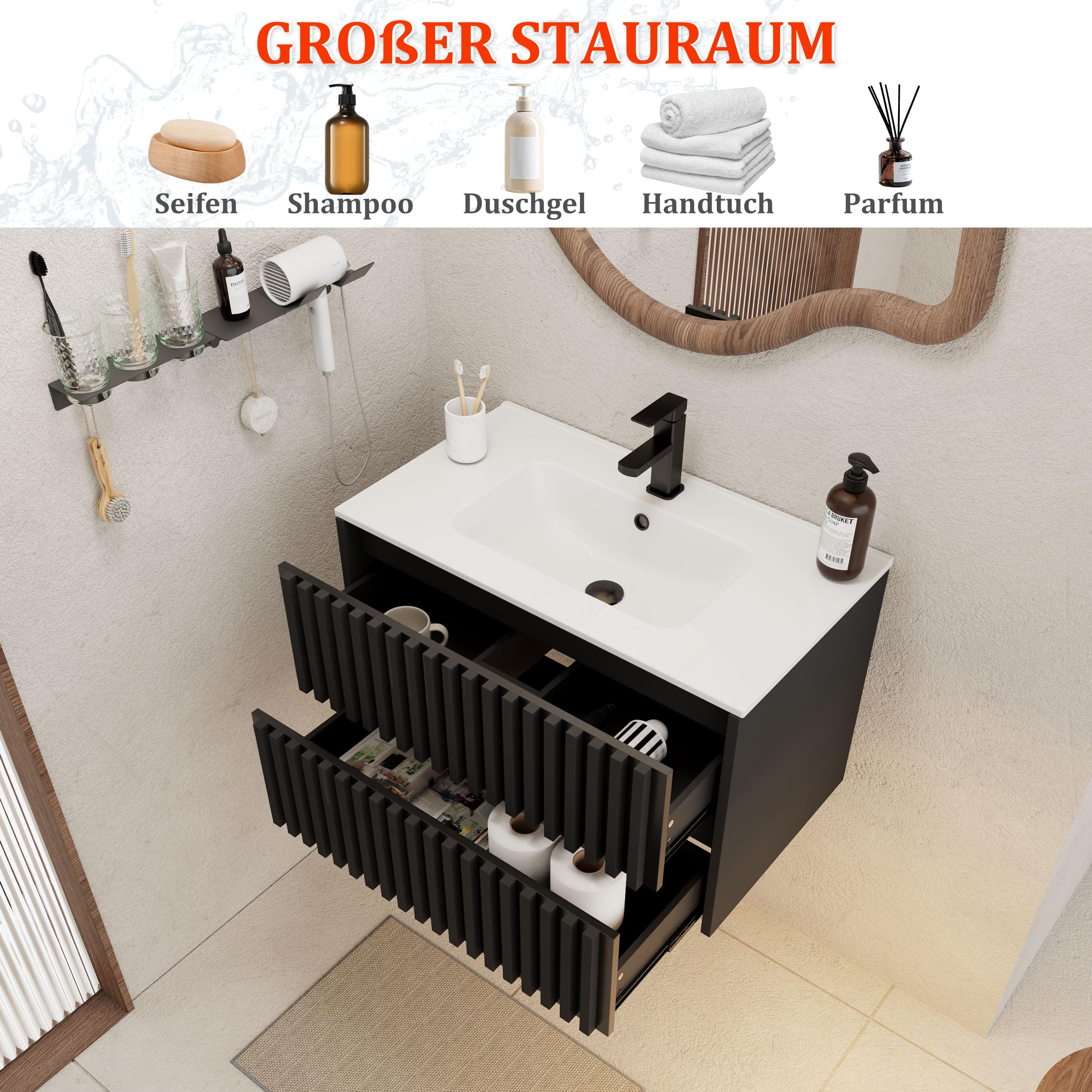 UEV Waschtisch mit Unterschrank, Waschbeckenunterschrank 80cm hängend, Waschplatz, Keramik Waschbecken, Badezimmmer Möbel für Gäste WC, Badmöbel Set, Schwarz