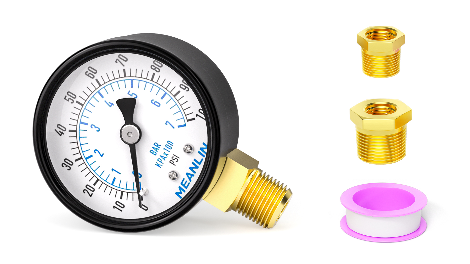Image of MEANLIN MEASURE 0-100Psi Well Pump Pressure Gauge 1 /4 inch NPT 2 inch FACE DIAL for Well Pump Water Tire Water Pressure Tester Back Mount, with Teflon Tape