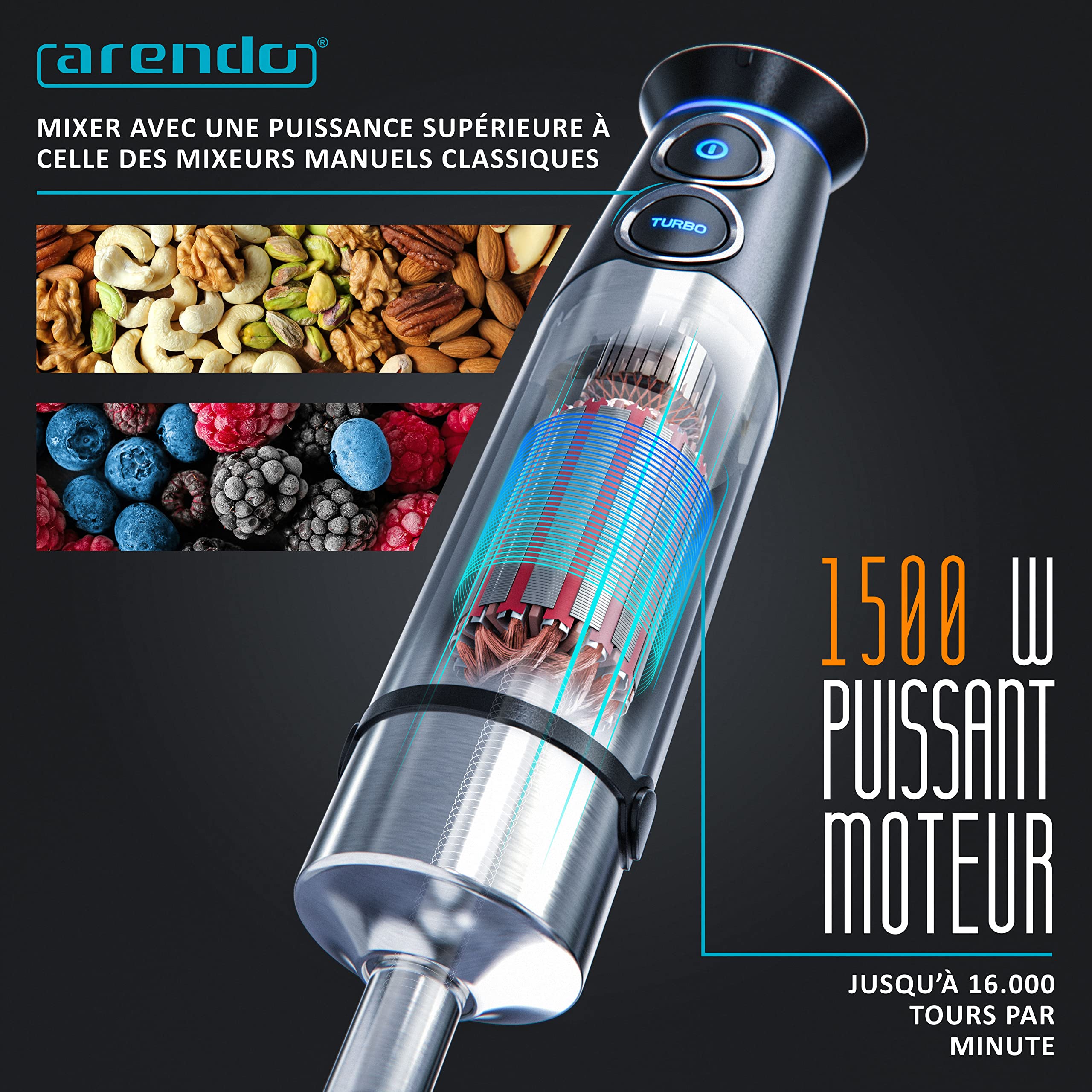 Arendo - Mixeur plongeant 1500 W inox, Mixeur à main, Presse-purée, Batteur manuel, Multi vitesses, Bouton turbo, Couteau à 4 lames, Verre doseur 800 ml, Hachoir 500 ml, Fouet, Pied de mixeur amovible
