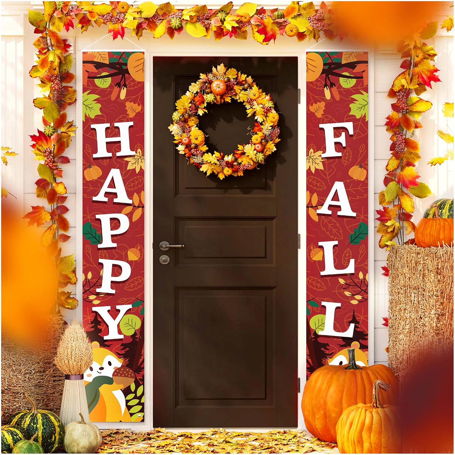 Fall Banner Outdoor Decor - 12” x 72” - 2 Piece Set - Happy Fall Outdoor Decorations For Home Porch Signs Autumn Door Decor Classroom