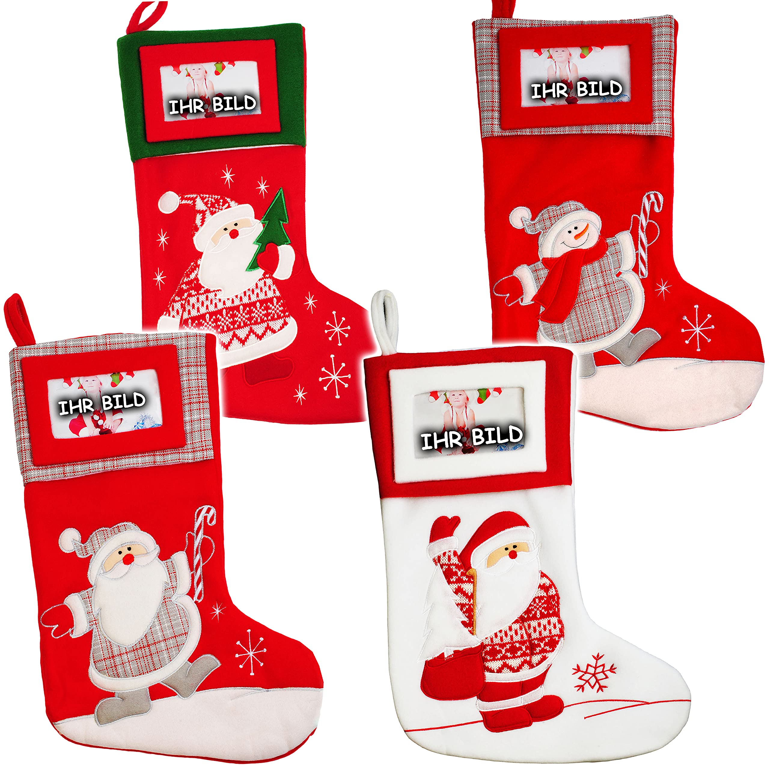 alles-meine.de GmbH 4 Stück 3-D Effekt XL - Weihnachtssocken & Filzstrümpfe - 3-D Effekt - mit austauschbaren Foto - Weihnachtsmotive - 46 cm - Nikolausstiefel - Nikolaus..