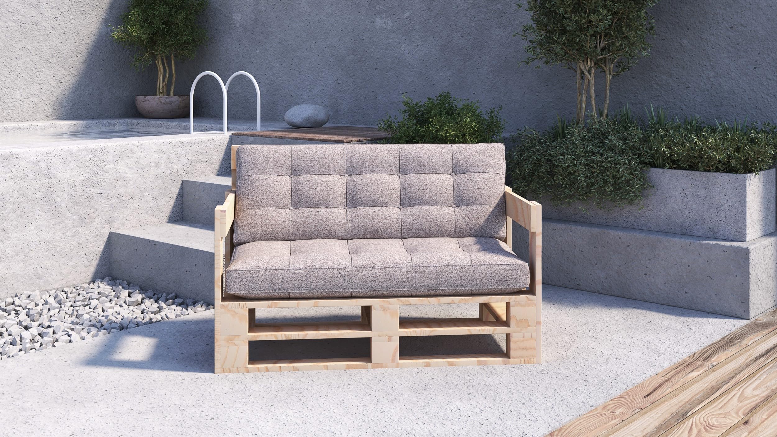 Palettenmöbel Mpe Sofa 100 x 60 cm Natur | Europaletten Indoor und Outdoor Lounge Gartenmöbel Holz Gartenmöbel Set Lounge Möbel Terrasse Balkon Loft Stil Paletten