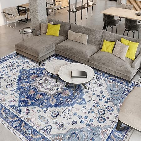 Lotus Teppich 160x230 Cm Dunkelblau - Waschbarer Blumen Teppich Für Wohnzimmer