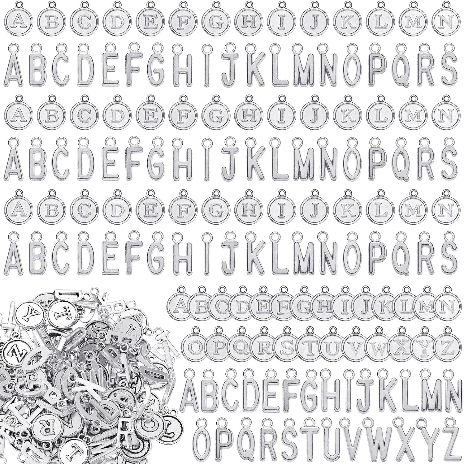 Yinkin 8 SetsMixed Alphabet Charms Round Letter Pendants A-Z Initial Letter Metal Charms for Jewelry Making and DIY Crafting(Ancient Silver)