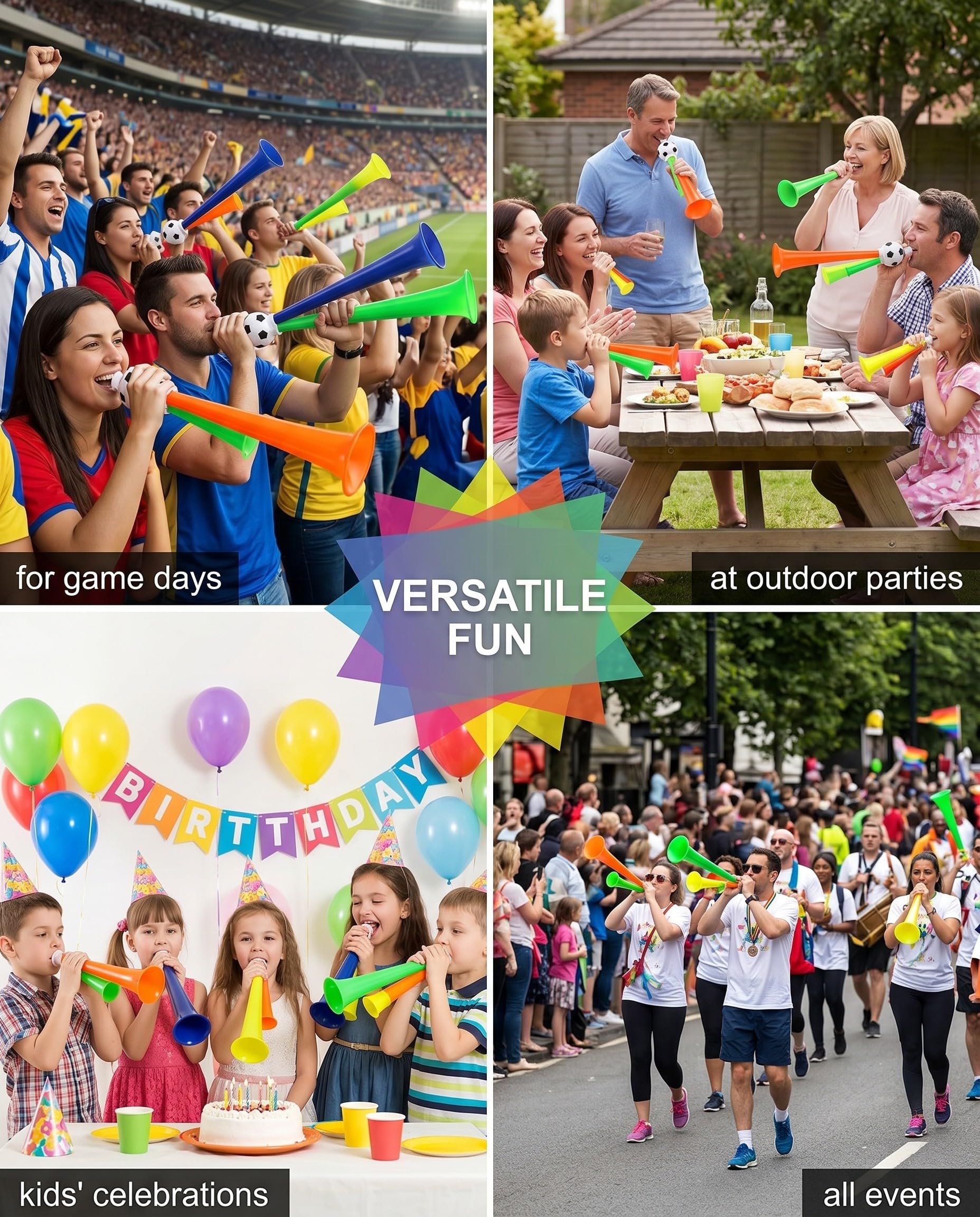 Vuvuzela 4 pièces, haut-parleur et trépied compact pour encourager le football en stade. Idéal comme fanfare pour les événements sportifs, les tournois de football et le basket-ball.