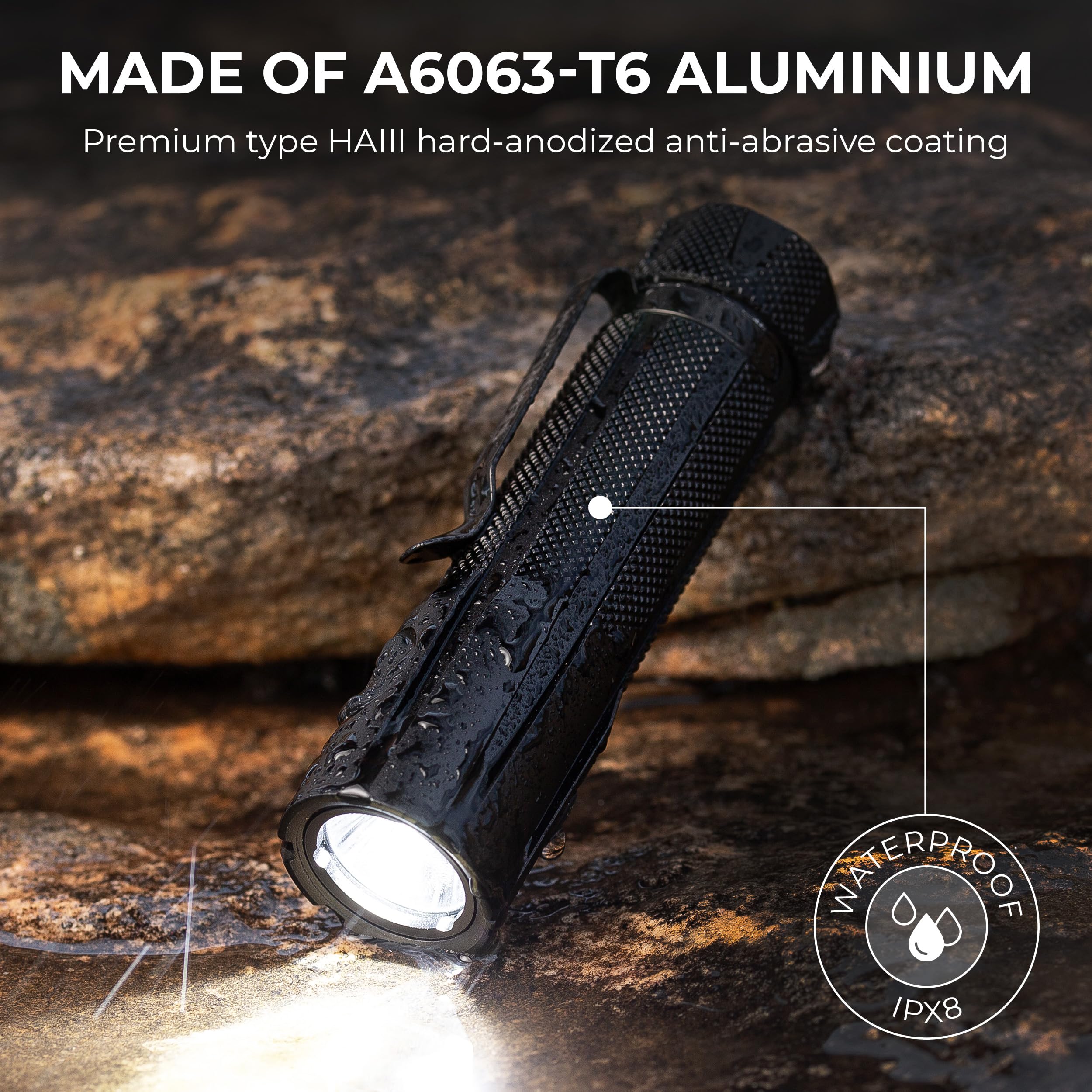 The SEHNLICH flashlight lying on a wet rock, demonstrating its IP68 waterproof rating.