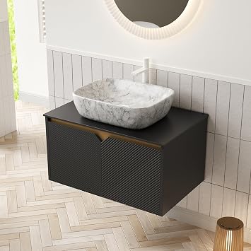 Lafati 30" Floating Bathroom Vanity with Sink, Modern Wall Mounted Bathroom Storage Cabinet with 2 Doors, Rectangle Ceramic Sink with Stone Pattern and Black Sintered Stone Top