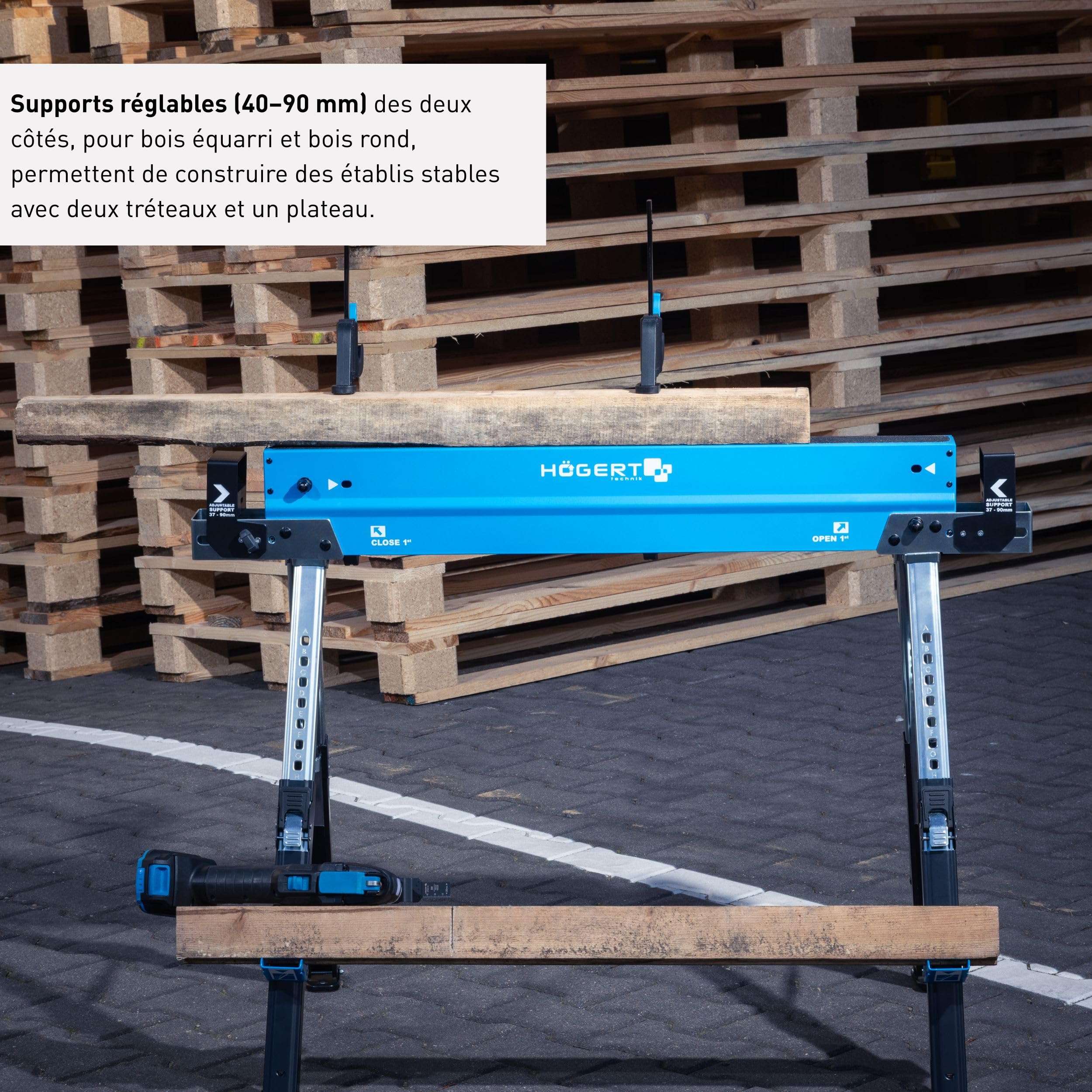 HÖGERT TECHNIK Tréteau pliant réglable en hauteur de 61,5 à 82 cm avec capacité de charge de 590 kg, supports de poutre de 40 à 90 mm, surface de travail antidérapante, supports pliables et poignée de