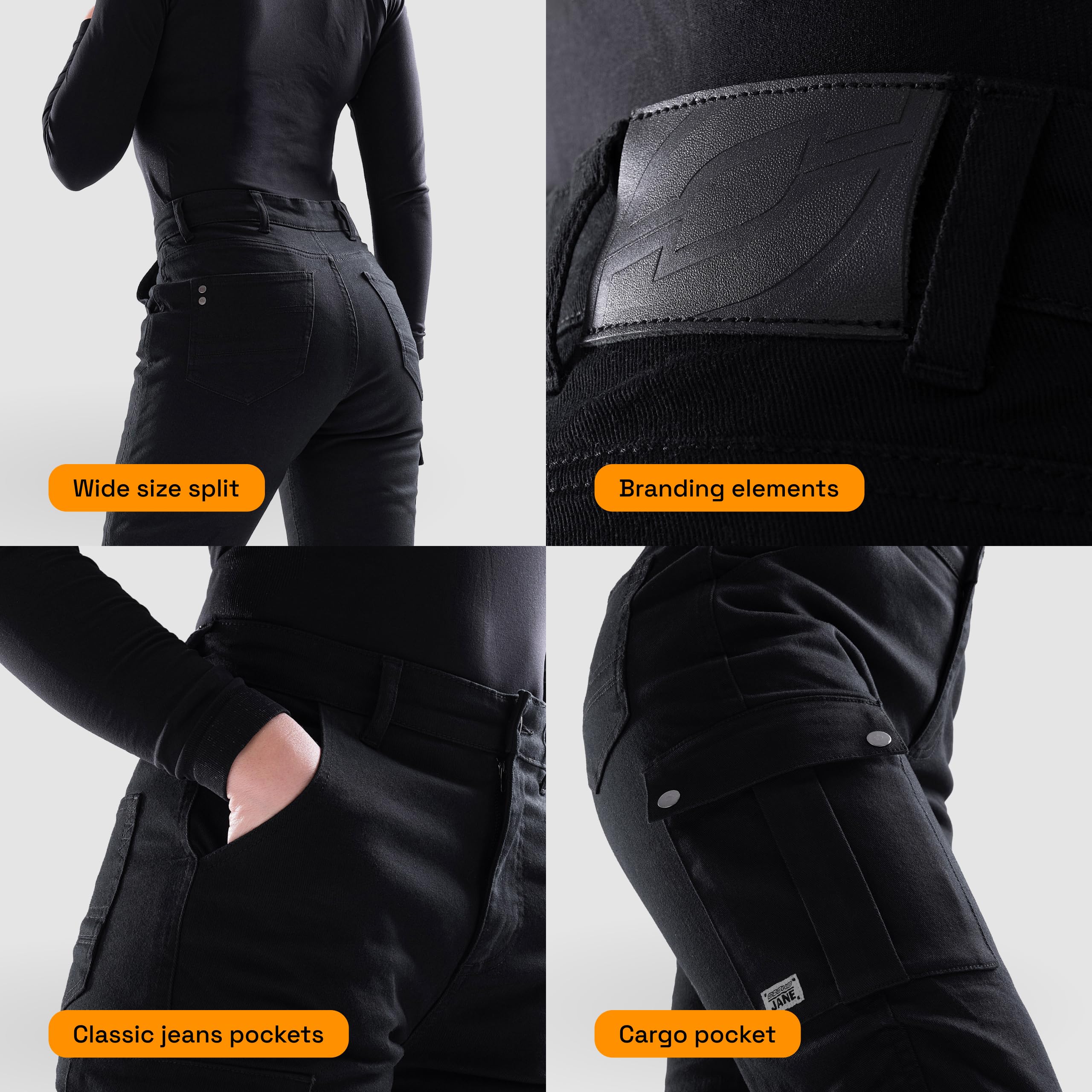 OZONE MOTO Jane Lady Pantalon Jeans de Moto Femme | Doublure en Fibre d'aramide | Protections Genoux Niveau 2 | Poches pour Protections de Hanches et de Coccyx | Poche Cargo | Jogger Fit