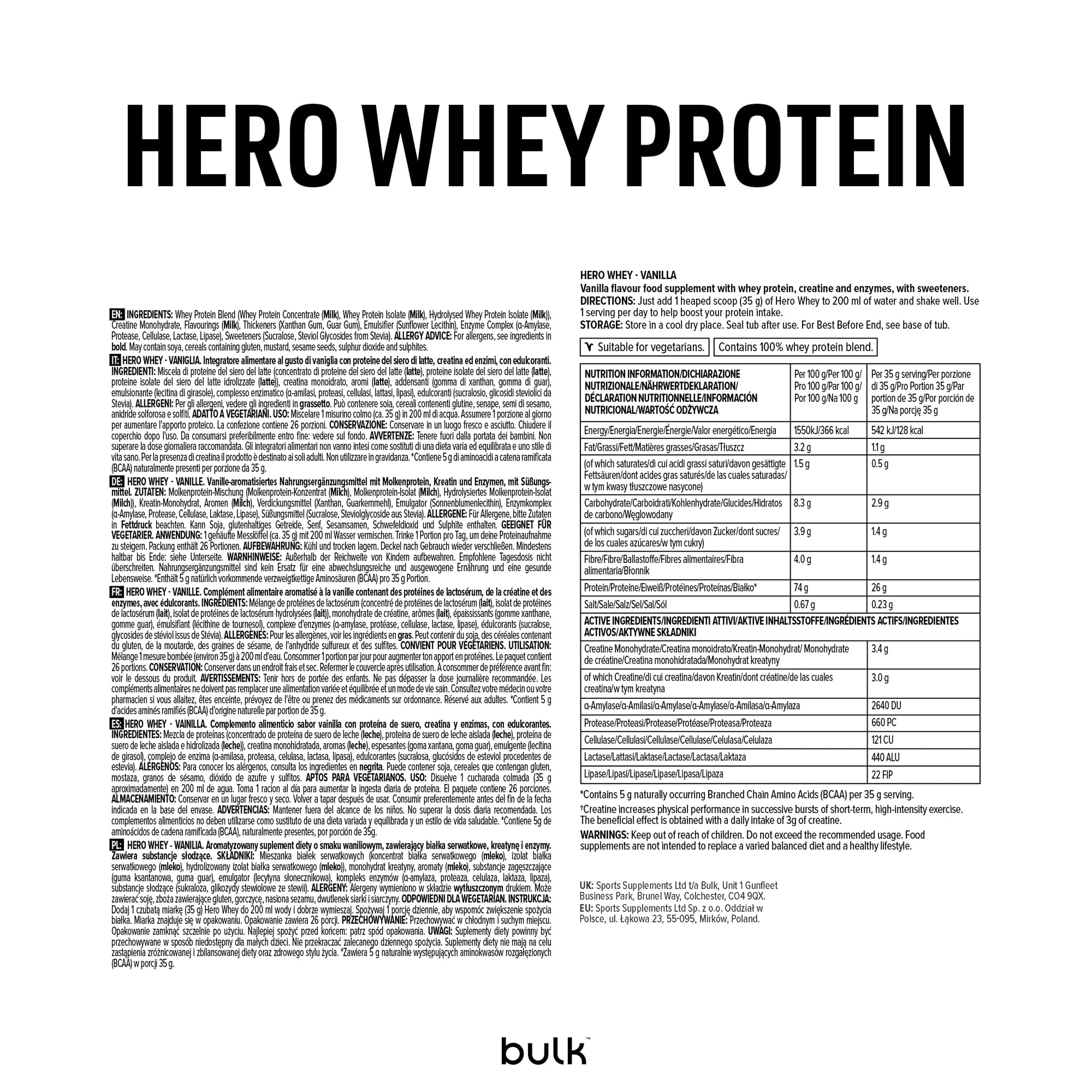 Bulk Hero Whey Protein Powder | Vanilla | 65 Servings | 26g Protein + 3g Creatine | 5g BCAAs | Low Sugar | Fast Absorption | Isolate, Hydrolysed & Concentrate Blend