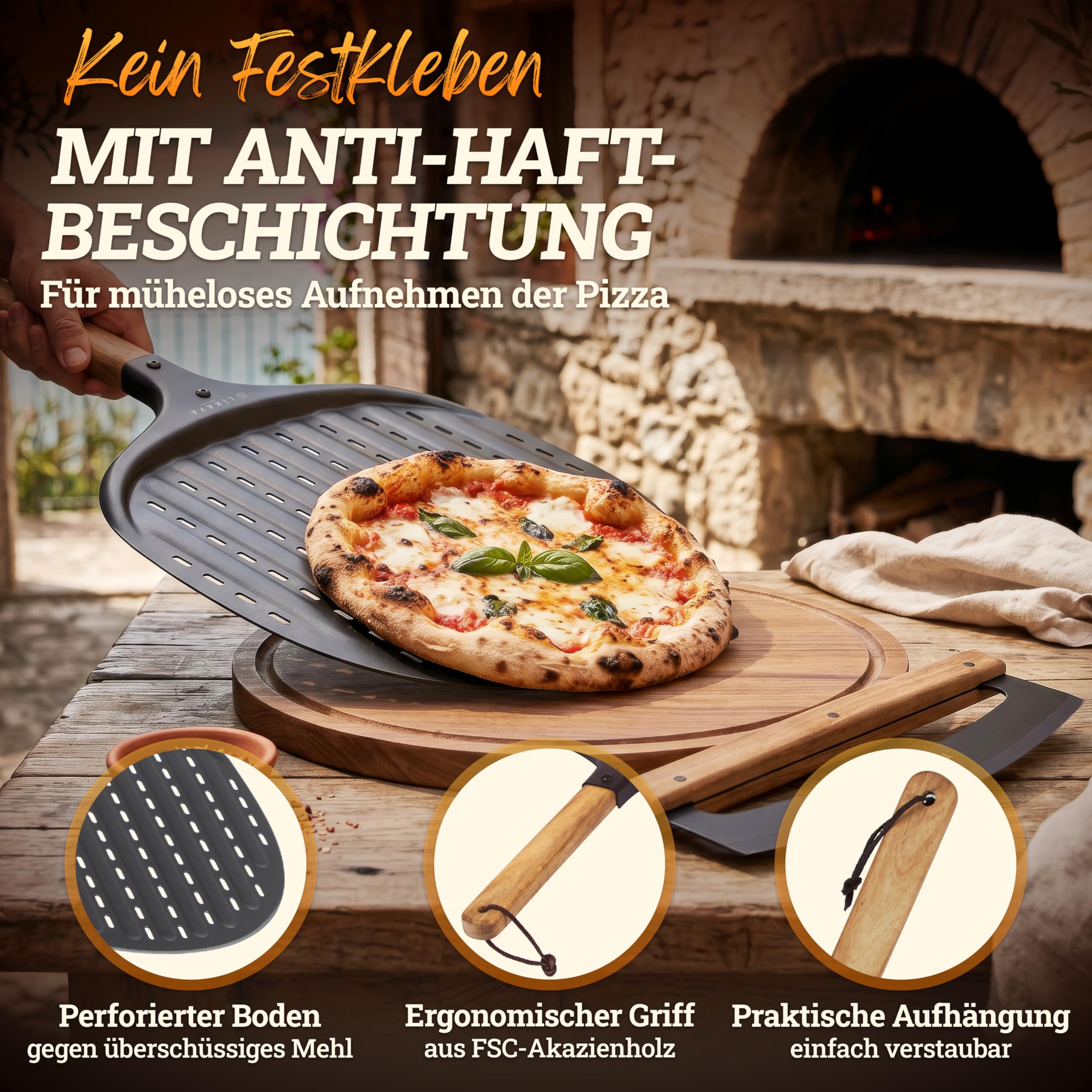 LIKAYA Pizzaiolo Set d'accessoires à pizza professionnel avec pelle à pizza 32 x 62 cm, planche à pizza 35 cm et couteau à pizza 36 cm – Pelle à pizza, couteau à pizza et planche à pizza en bois