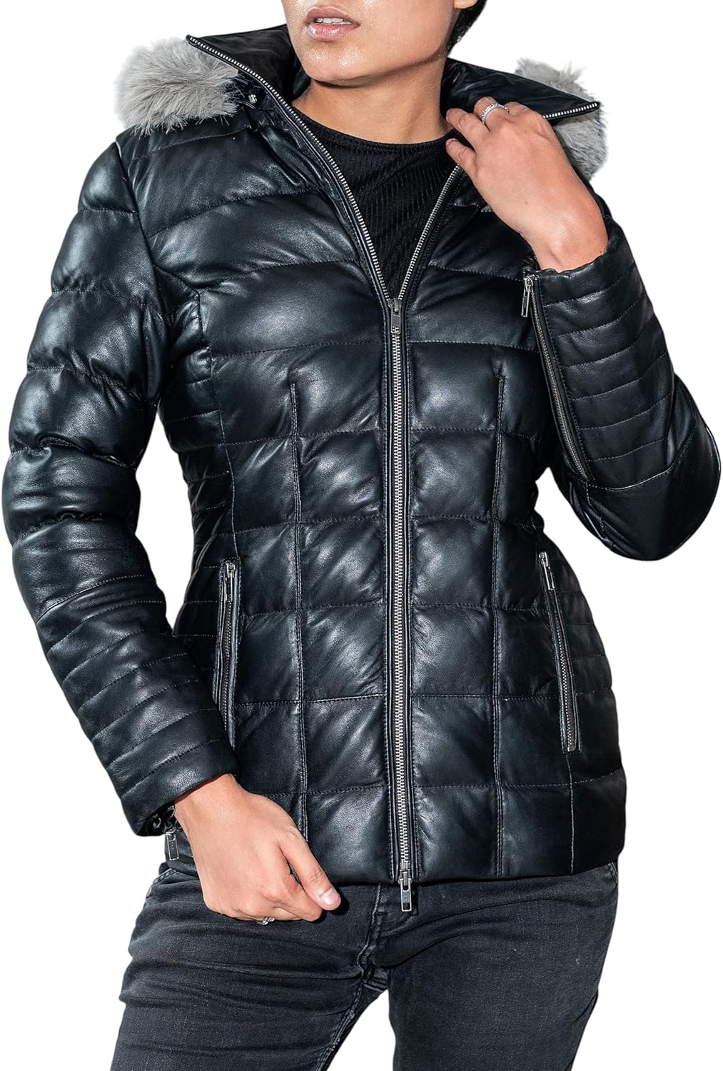 Jild Lambskin Leather Puffer Jacket Womens - Quilted Style Long Sleeves Womens Hooded Fur Winter Coat