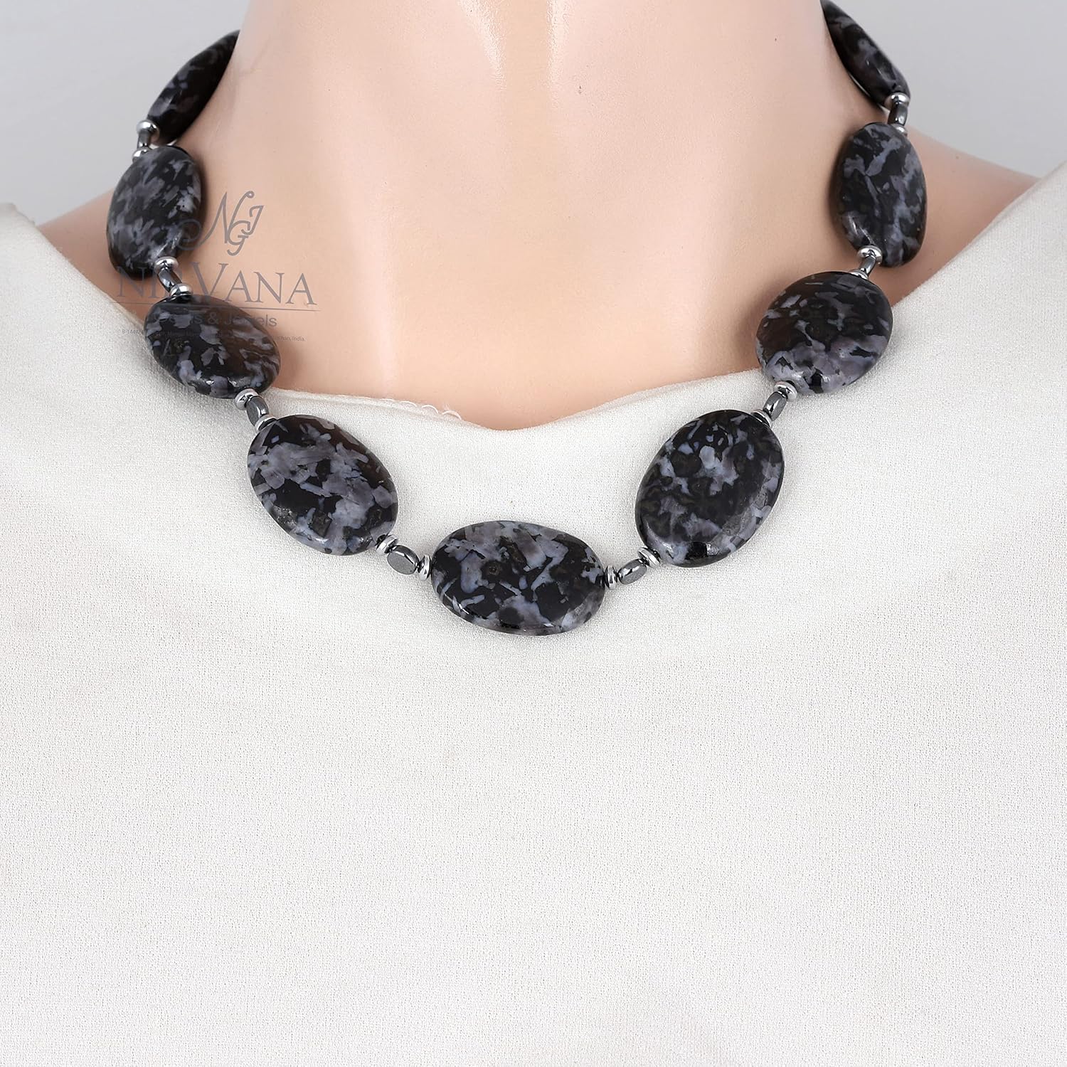 Women Necklace - Multi Gemstone Hematite Silver SaucerAnd Hematite Black With Indigo Gabbro Jasper 925 Silver Natural Beaded Handmade Jewellery (50 CM) - Image 5