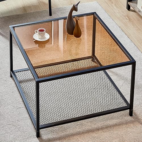 SAYGOER 27.6Inches Square Coffee Table Glass Coffee Table with Storage for Living Room 2-Tier Industrial Simple Center Table for Home Office Small Space Easy Assembly Brown Black