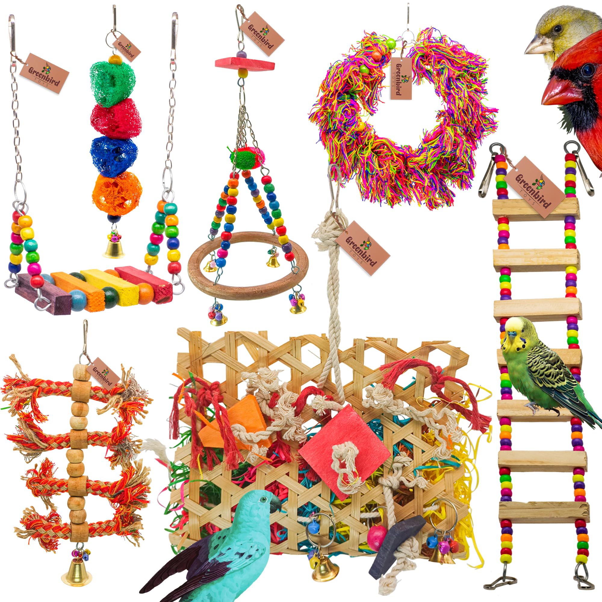 GREENBIRDS Bundle of 7 Bird Chew Toys and Cage Hanging Accessories | Featuring Chew Toy Ladder, Swing, and Engaging Enrichment Toys for Pet Birds' Cage Play and Fun Activities-image-38