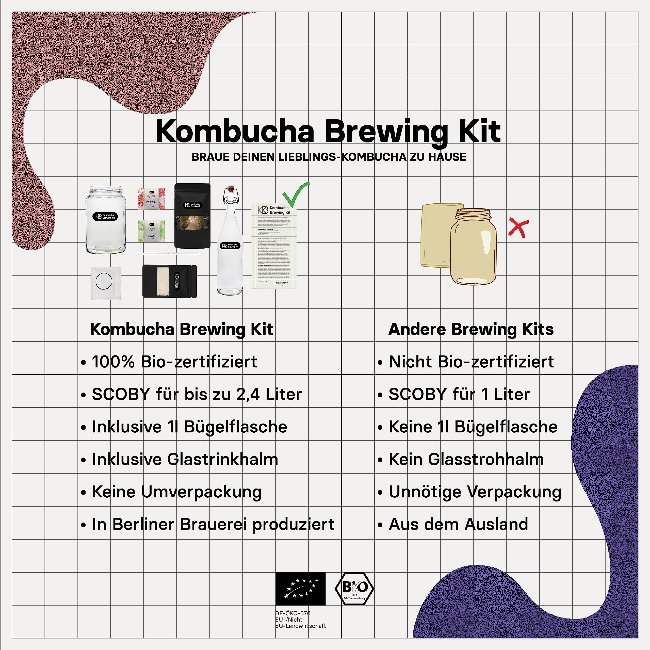 Kombucha Brewing Kit Bio, Kombucha Starter Set mit Bio-SCOBY Starterkultur und Kombucha Pilz, Gärgefäß, Bügelflasche, BioRohrohrzucker und Glasstrohhalm, handgefertigt, vegan, glutenfrei, laktosefrei