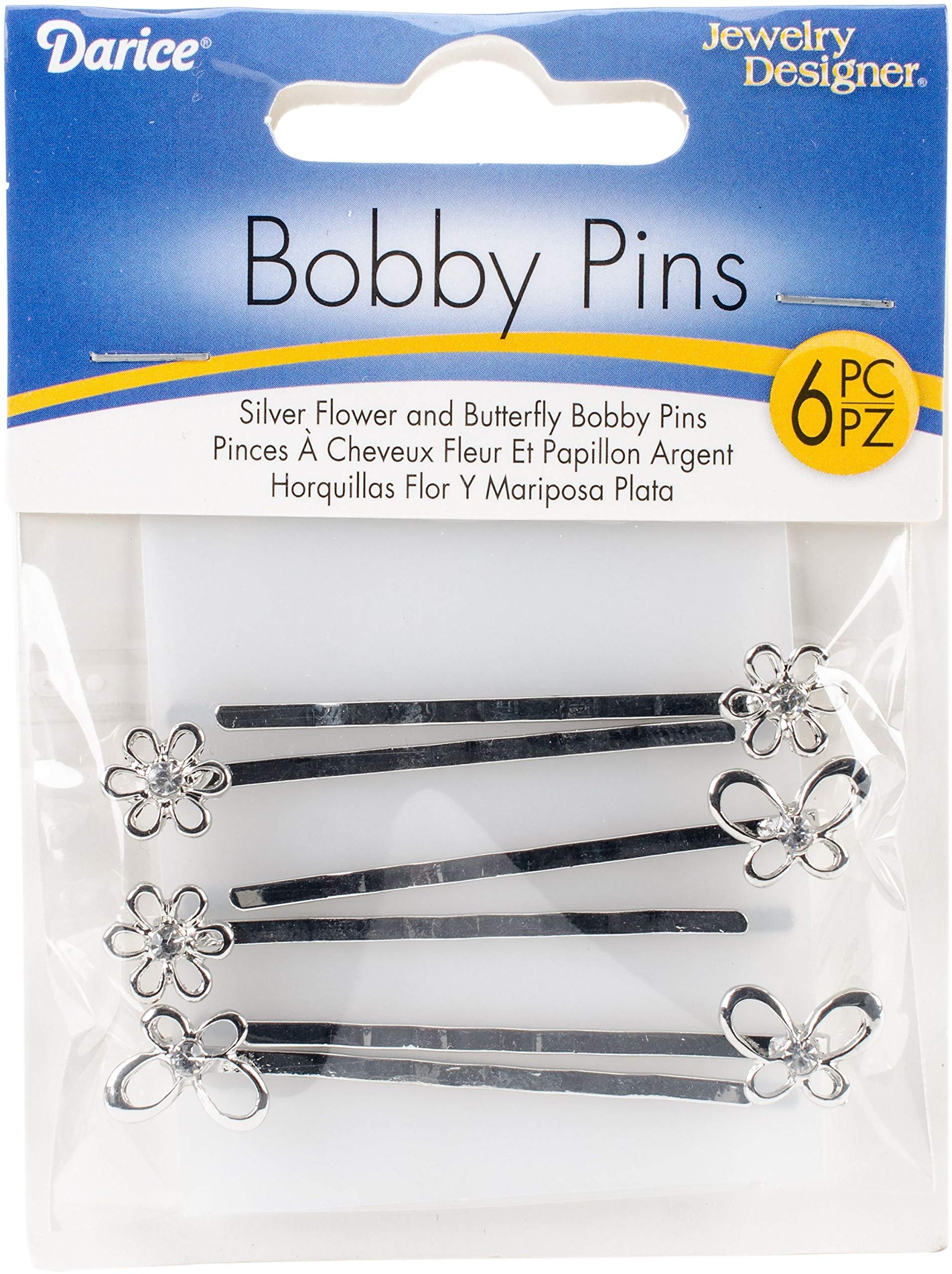 Jewelry Designer Decorated Bobby Pins 6 pieces: Assorted Silver Flower/Butterfly