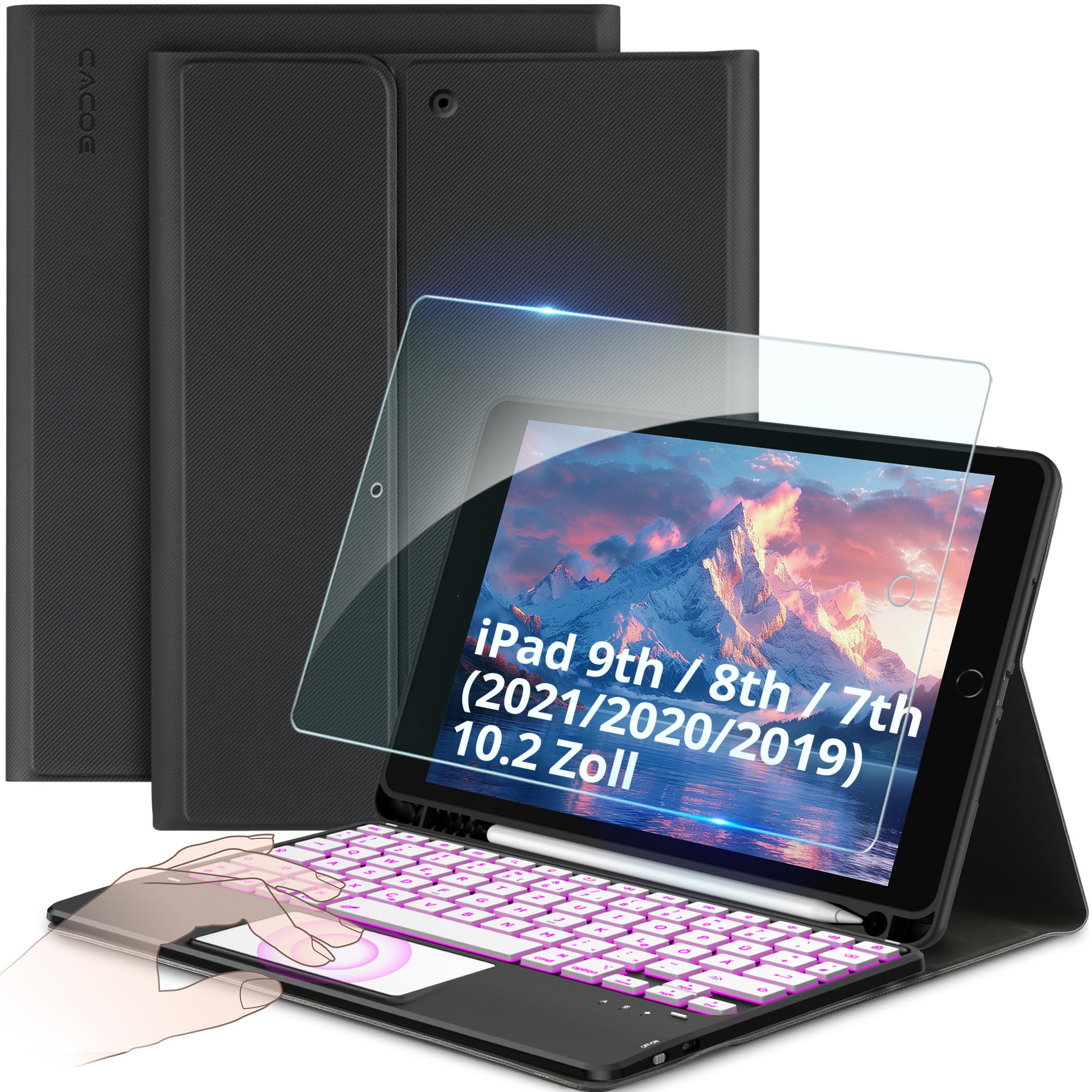 CACOE Hülle Tastatur Kompatibel mit iPad 9. Generation 10.2 Zoll mit Touchpad, 7-Farbige Beleuchtung Abnehmbare Kabellose Tastatur für iPad 9/8/7 2021/2020/2019.Gen, Schwarz