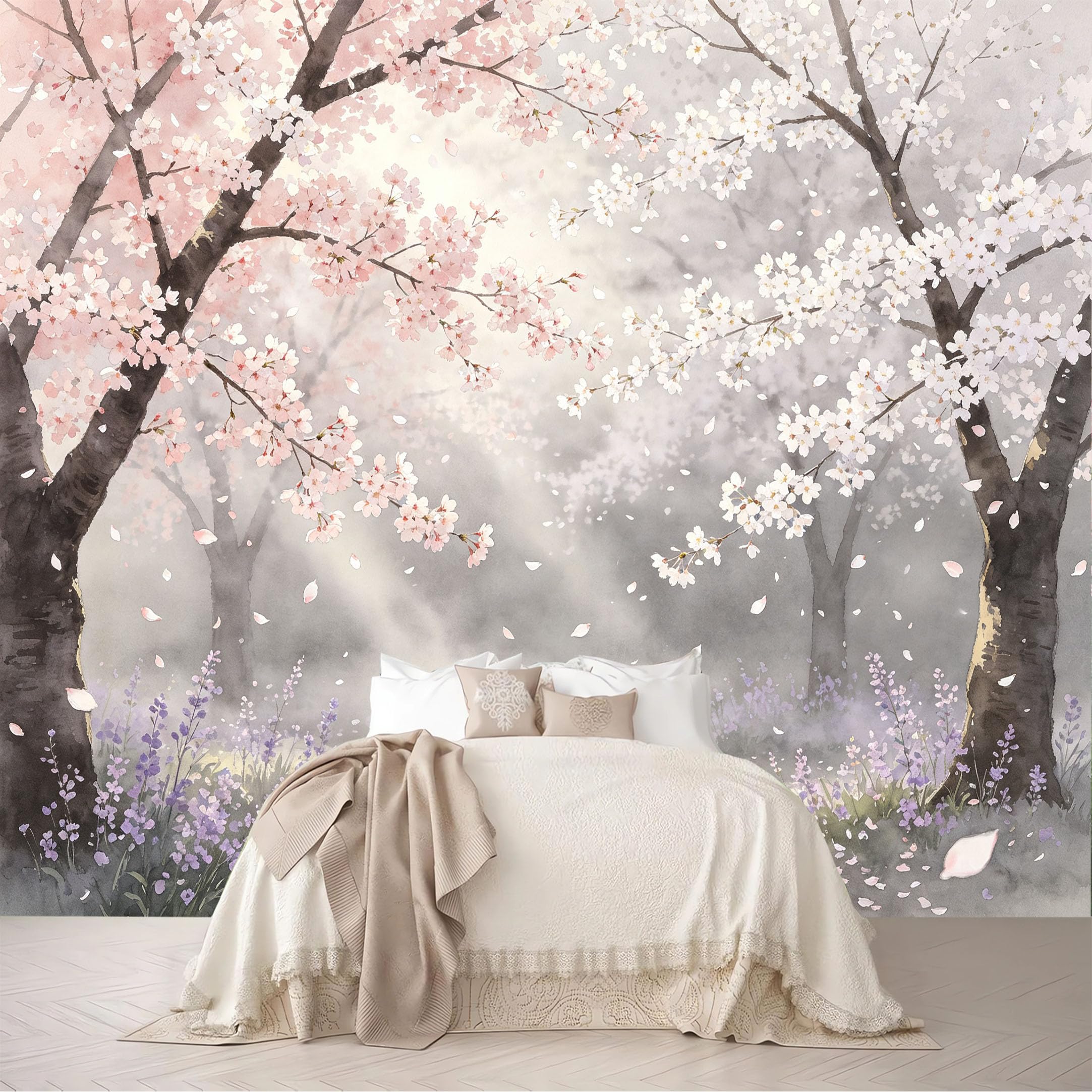 Custom Size Wall Mural Misty Cherry Blossom Forest Watercolor Landscape Removable Self Adhesive Peel and Stick Wallpaper for Bedroom Living Room Dining Room
