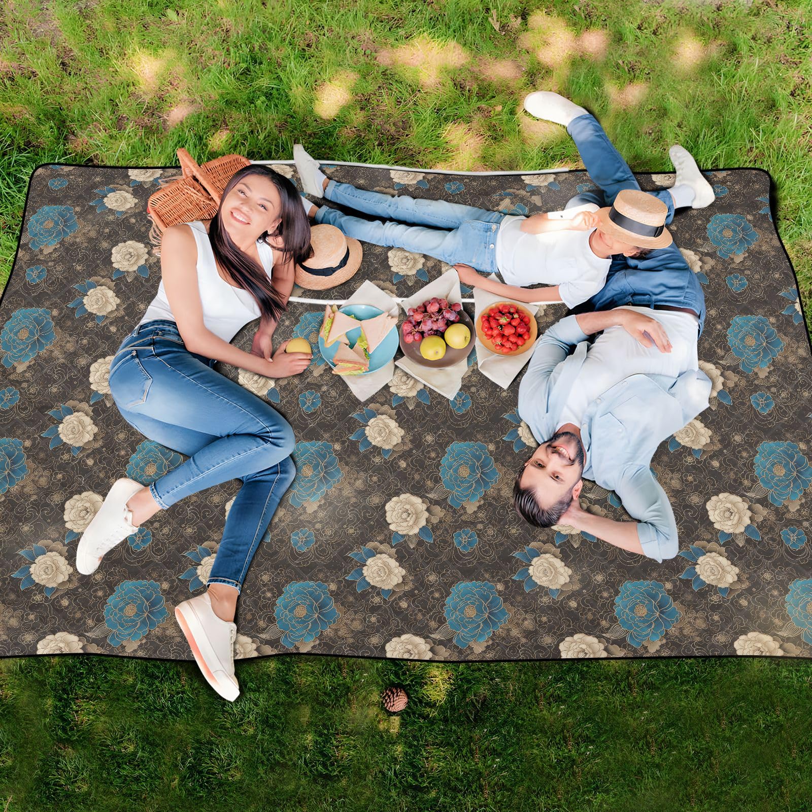 Accessori Spiaggia Erba Pieghevole Campeggio Coperta Packable per Outdoorsy Persone Picnic Articoli Peonia Cinese Floreale Oro Teal Nero estera de Playa