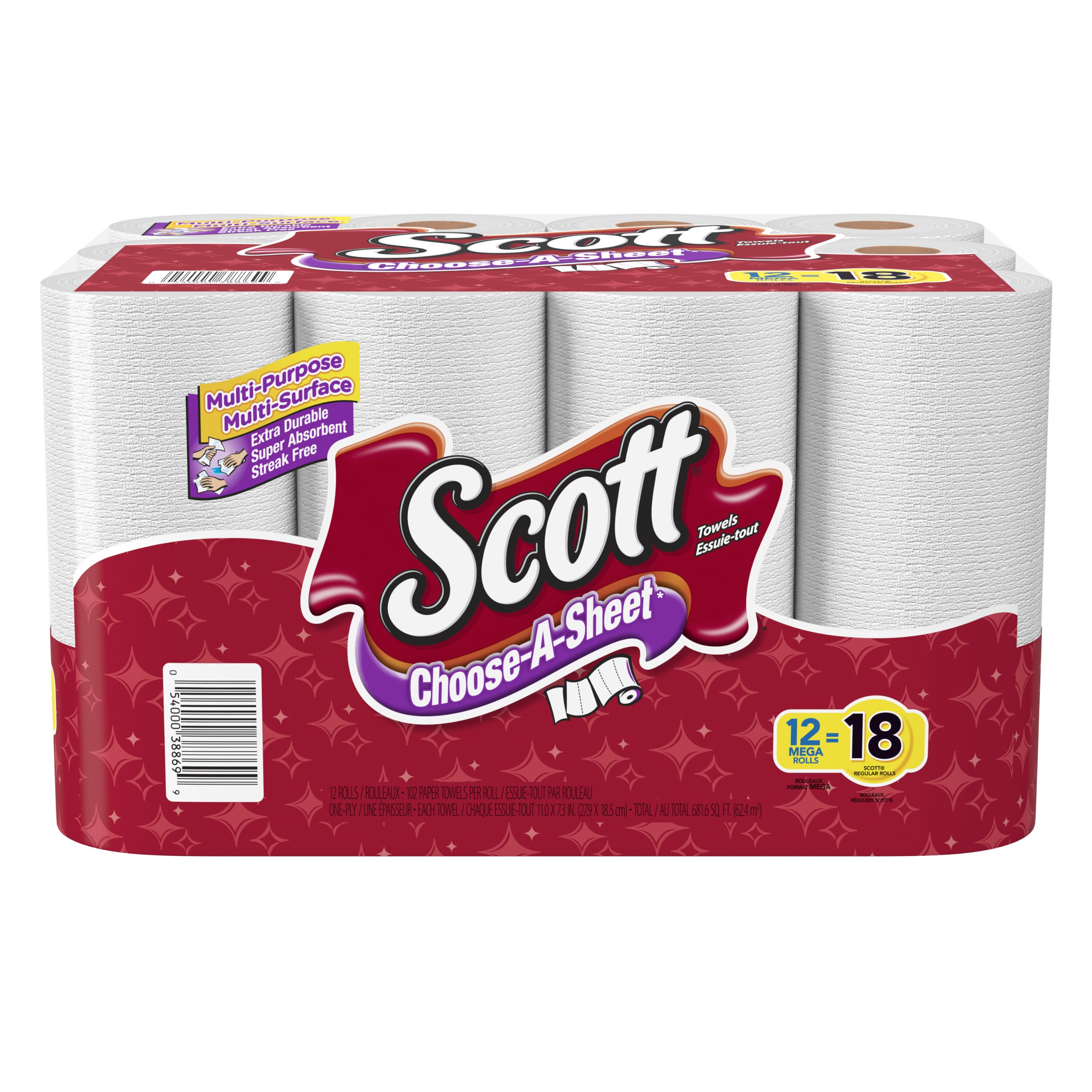 ScottPaper Towels, Choose-A-Sheet - 12 Mega Rolls = 22 Regular Rolls (102 Sheets Per Roll)