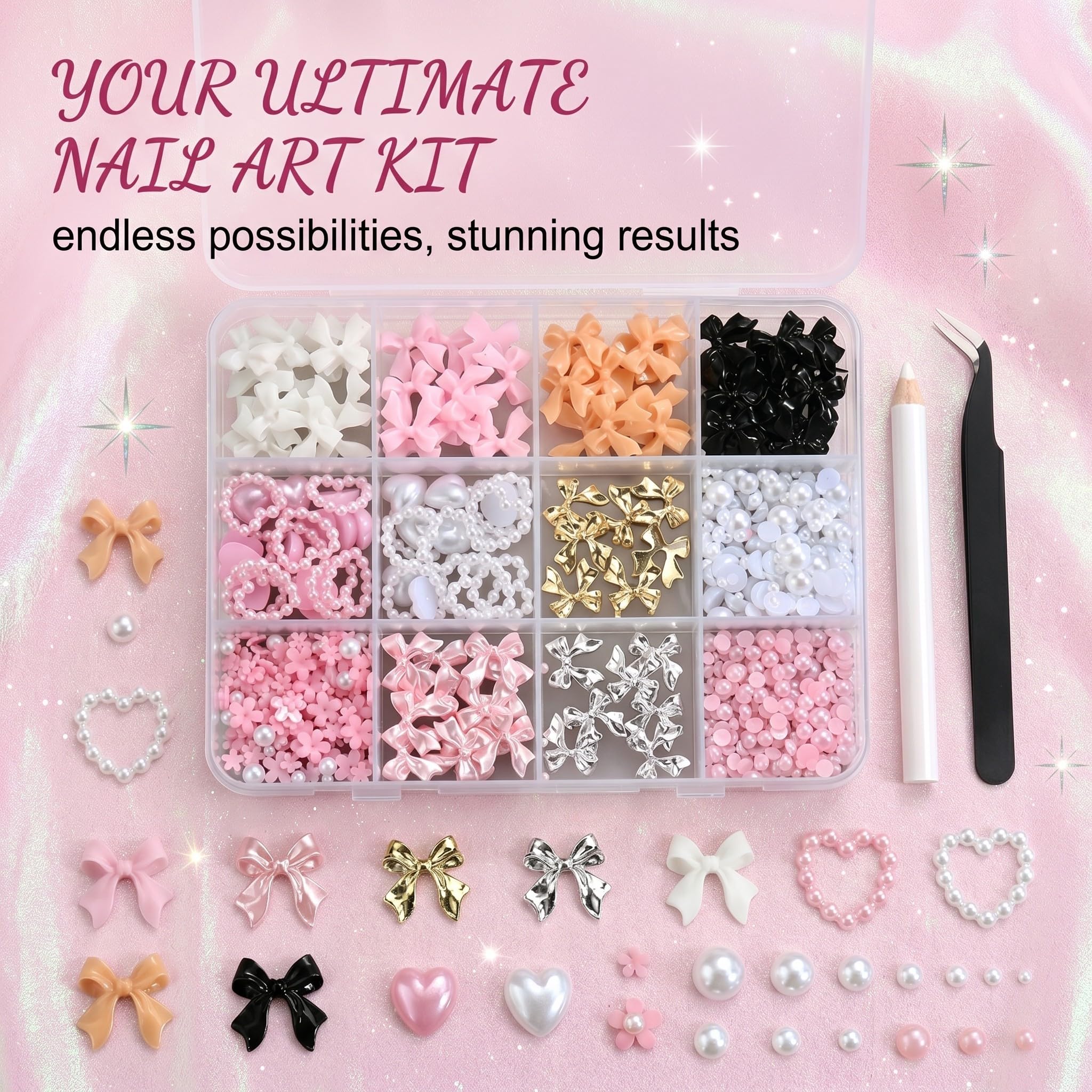 1 boîte de pendentifs pour ongles avec nœud blanc, rose, noir, nœud 3D, mignon, dos plat, nœud papillon, deco ongle nail art, strass pour ongles, loisirs créatifs