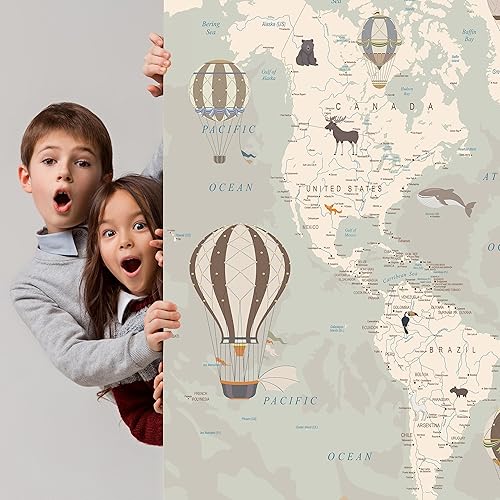 Vista 19 de Papel tapiz de mapa del mundo para niños con animales, calcomanías educativas para despegar y pegar, murales de guardería para bebés, niños