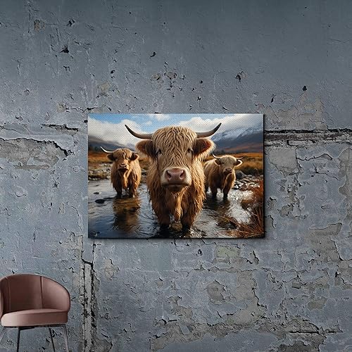 Highland Cow Wall Art, This Is Our Happy Place Inspirational Canvas Poster for Home, Long Haired Scottish Cow with White Flower Picture Farmhouse