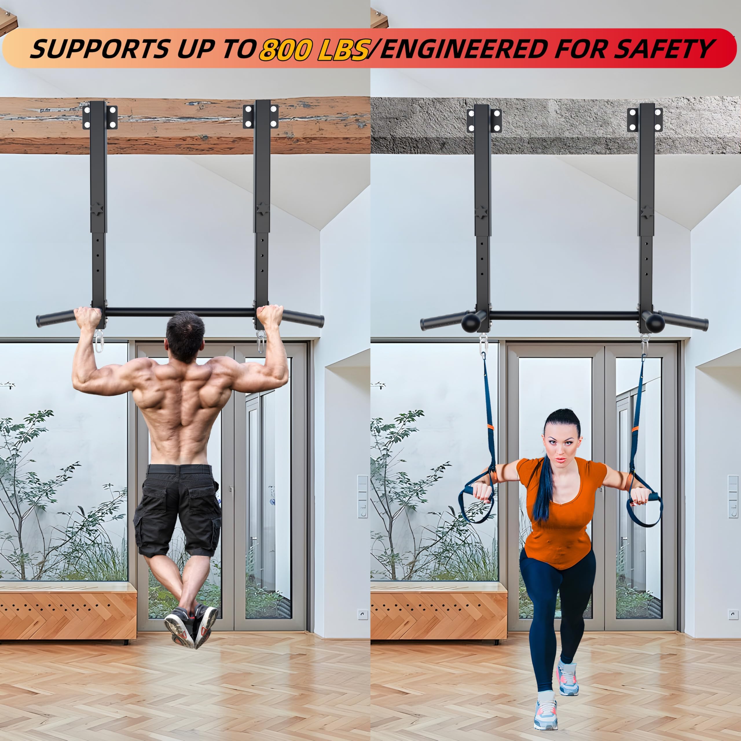 Pull Up Bar Joist Mounted -800 lbs Adjustabl Heavy Duty Chin Up Bar, Perfect for Garage, Beam and Rafter Mounting, Easy Installation Pullup Bar, Ideal for Multiple Grip Options