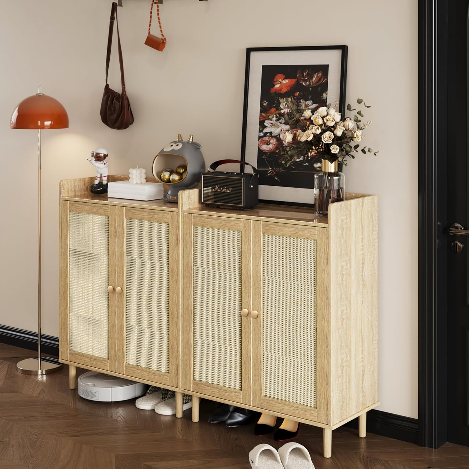 Shoe Cabinet - Rattan Shoe Cabinet for Entryway, Shoe Storage Cabinet with Adjustable Shelves, Farmhouse Freestanding Wood Shoe Rack Organizer for Closet, Living Room, Hallway Natural