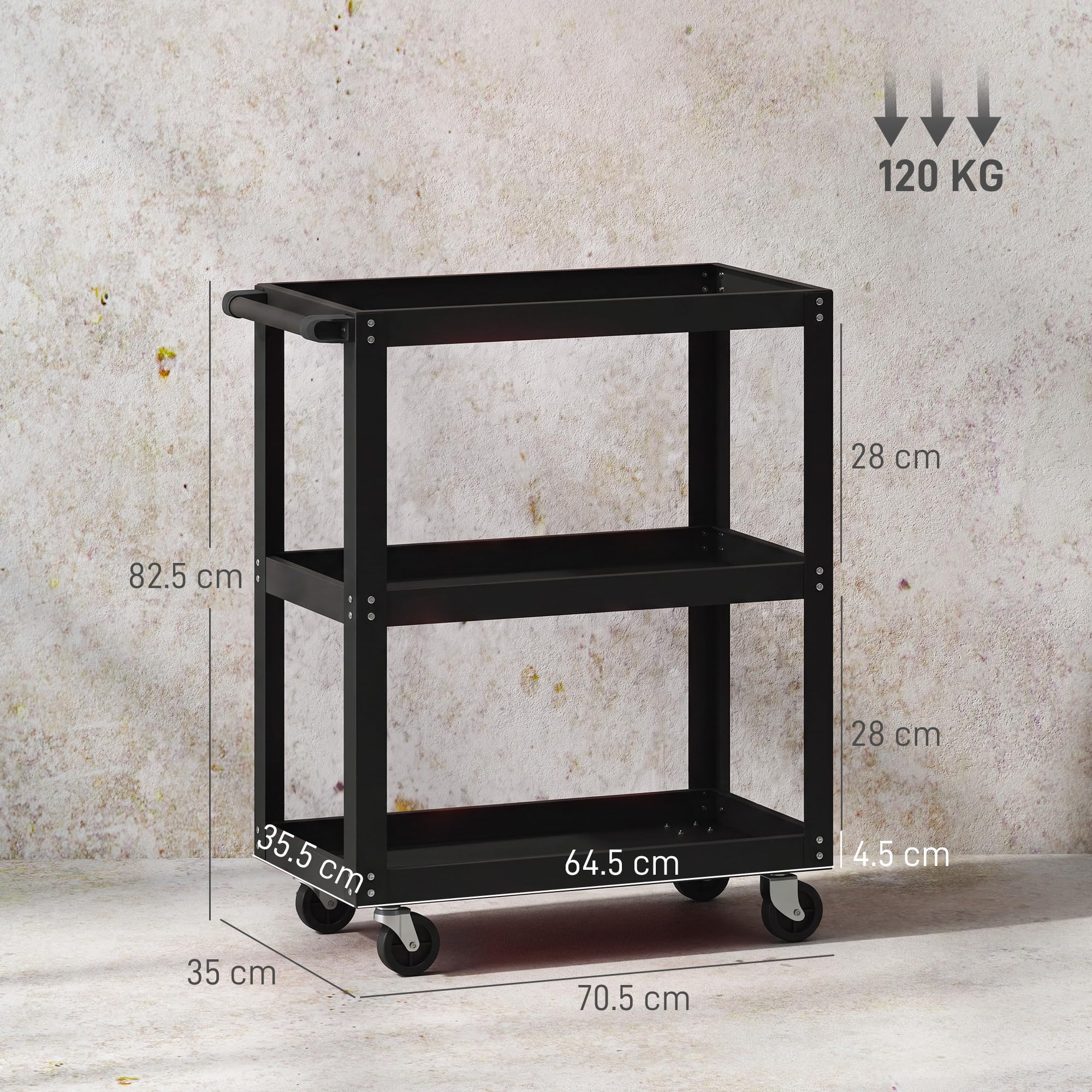 HOMCOM Carrello Porta Attrezzi a 3 Ripiani con Bordi Rialzati, Nero