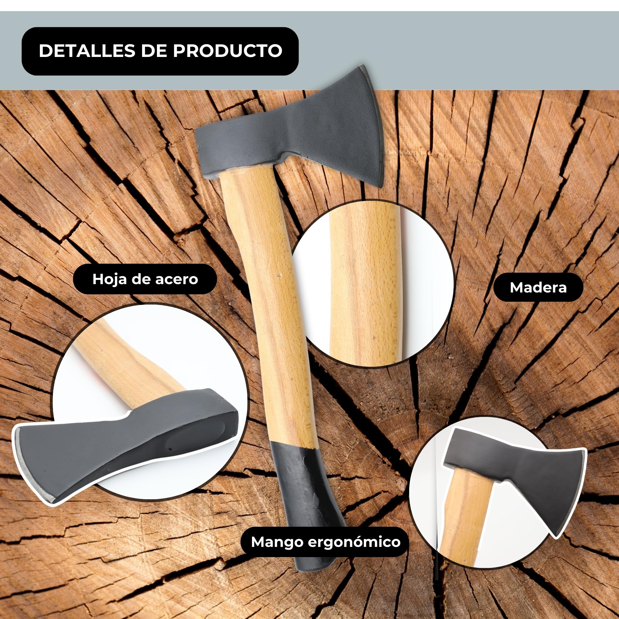 TECHZOCO Hacha Pequeña de 600 g con Mango de Madera, Hacha Vizcaína, Hachas de Tala Universal, Cabeza de Acero al Carbono, Longitud 38,5 cm