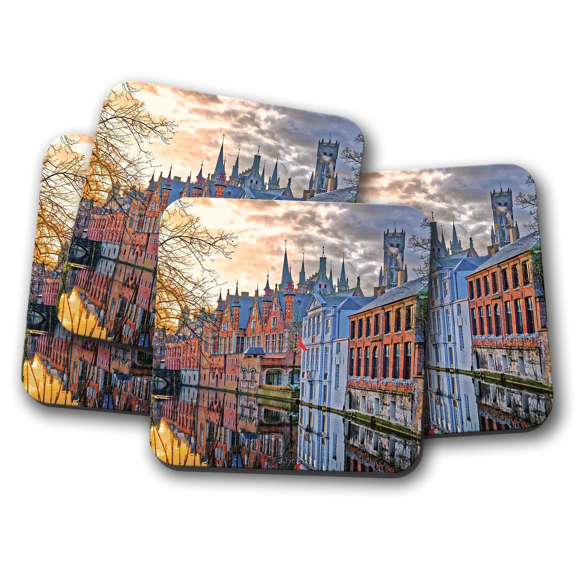 Destinationvinyl Multicolor 4 Set - Bruges Belgium Coaster - City Canal Buildings Travel #15030