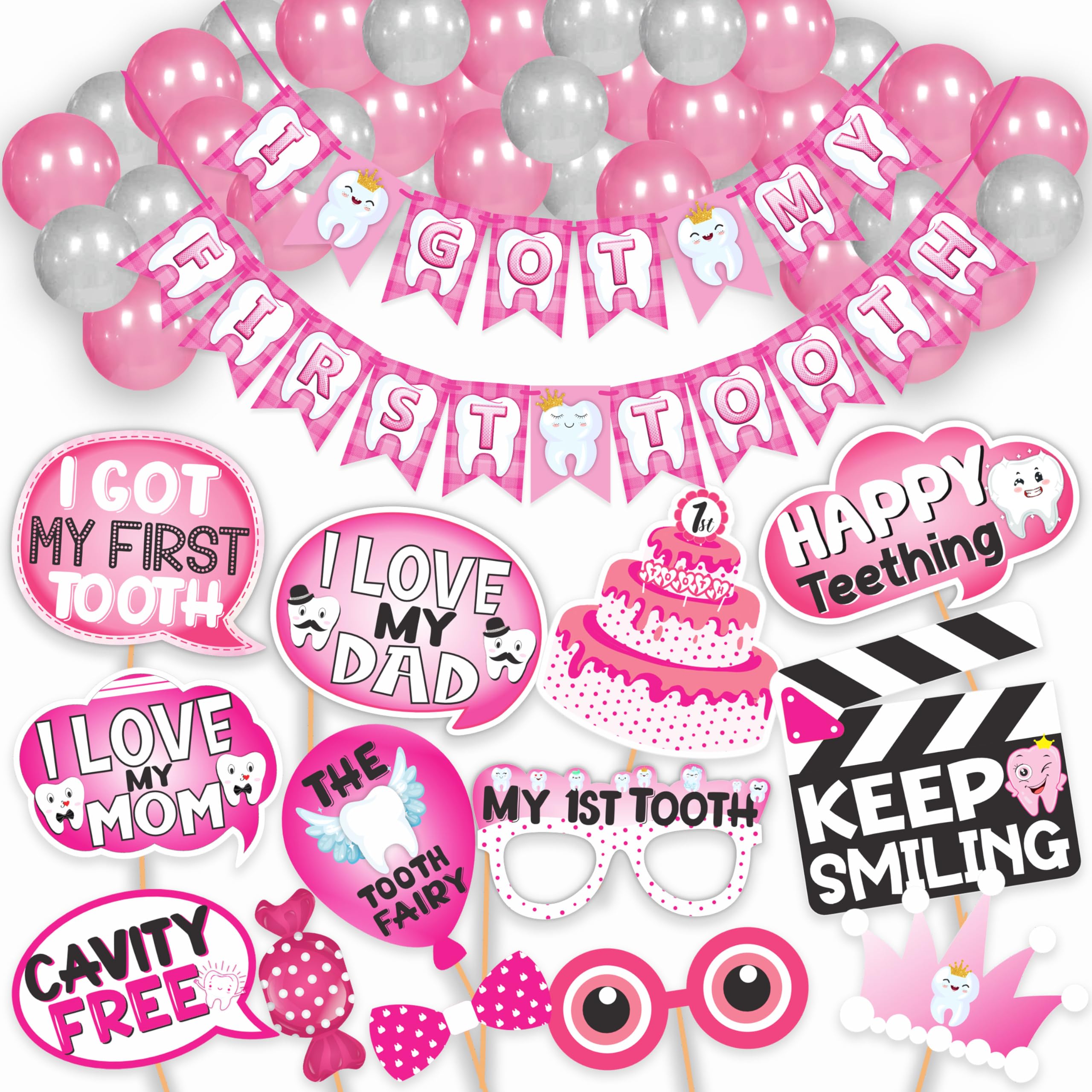 WOBBOX First Tooth Pink 13 Pcs Party Props with I Got My 1st Tooth Check Pattern Bunting Banner, Pink Colour Stylish Font & Balloons, First Tooth Decoration