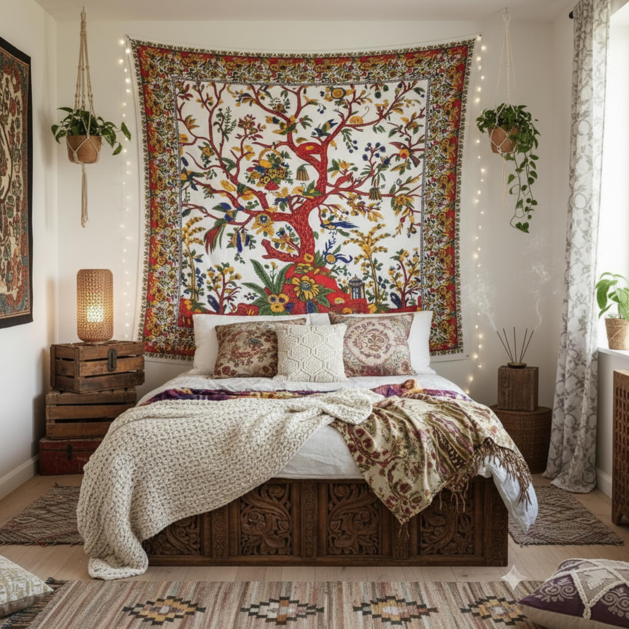 Craft Trade Tree of Life Tapestry White Wall Hanging Tapestry Boho Cotton Hippie Tapestries for Decor Living Room Yoga Meditation and Bedroom - 213x228 cm โ image 1