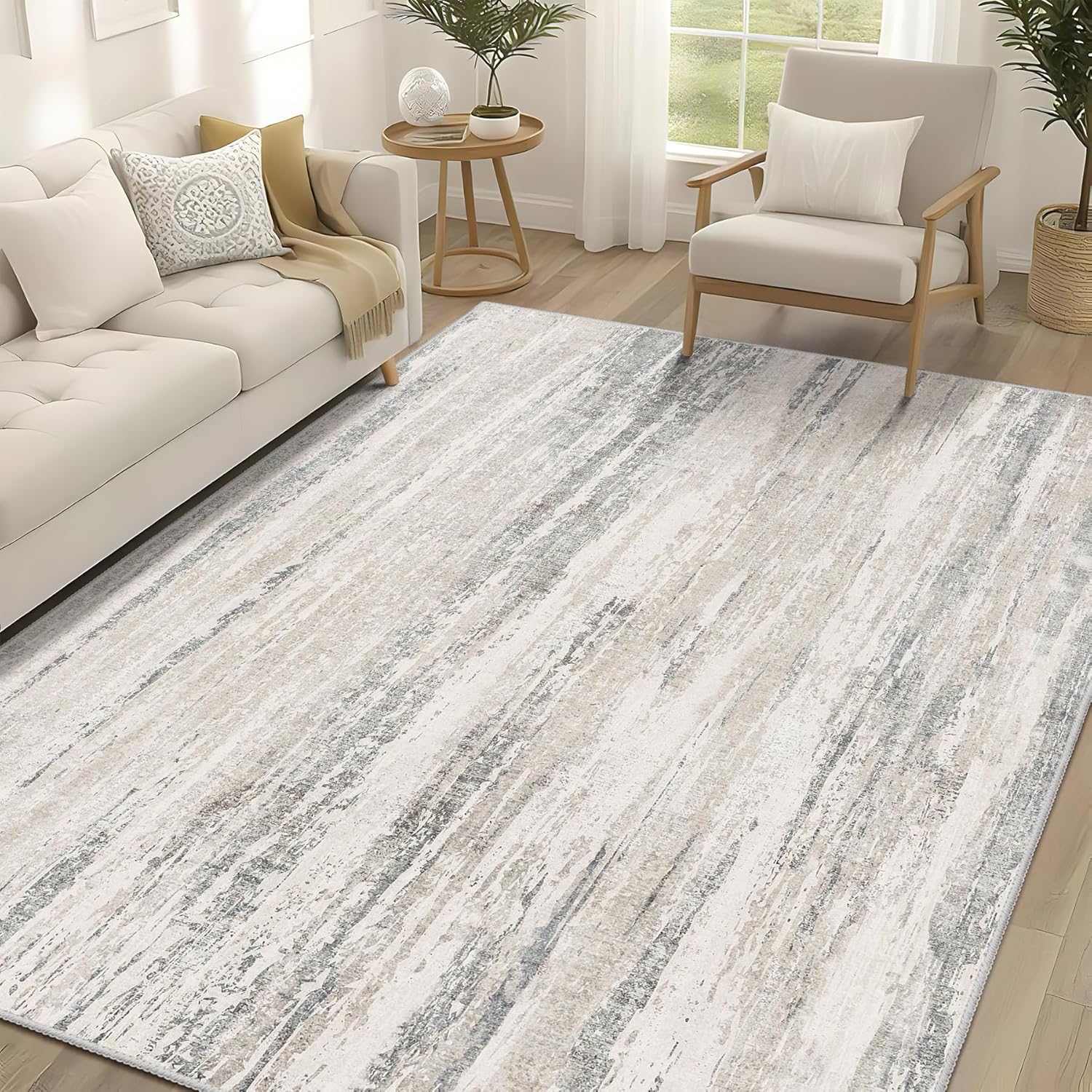MUJOO 5x7 Washable Area Rug,Modern Abstract Rugs for Living Room Bedroom Dining Room,Large Non Slip Carpet Indoor,Low Pile Throw Rug Accent Neutral Beige and Grey (similar)