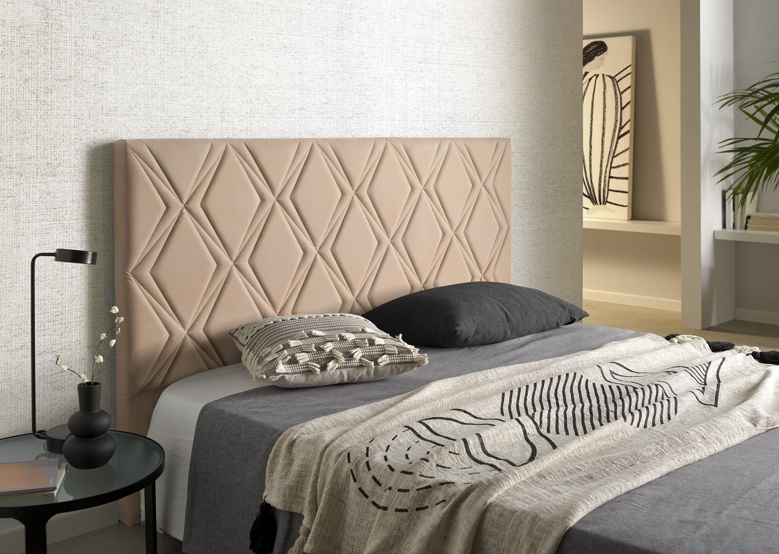 ECCOX Tête de lit Rubis en Tissu Anti-Taches Acualine - Tête tapissée en Tissu avec Rembourrage en Mousse et Renfort arrière - Couleur Camel - Lit 135-150 x 110 x 6,5 cm
