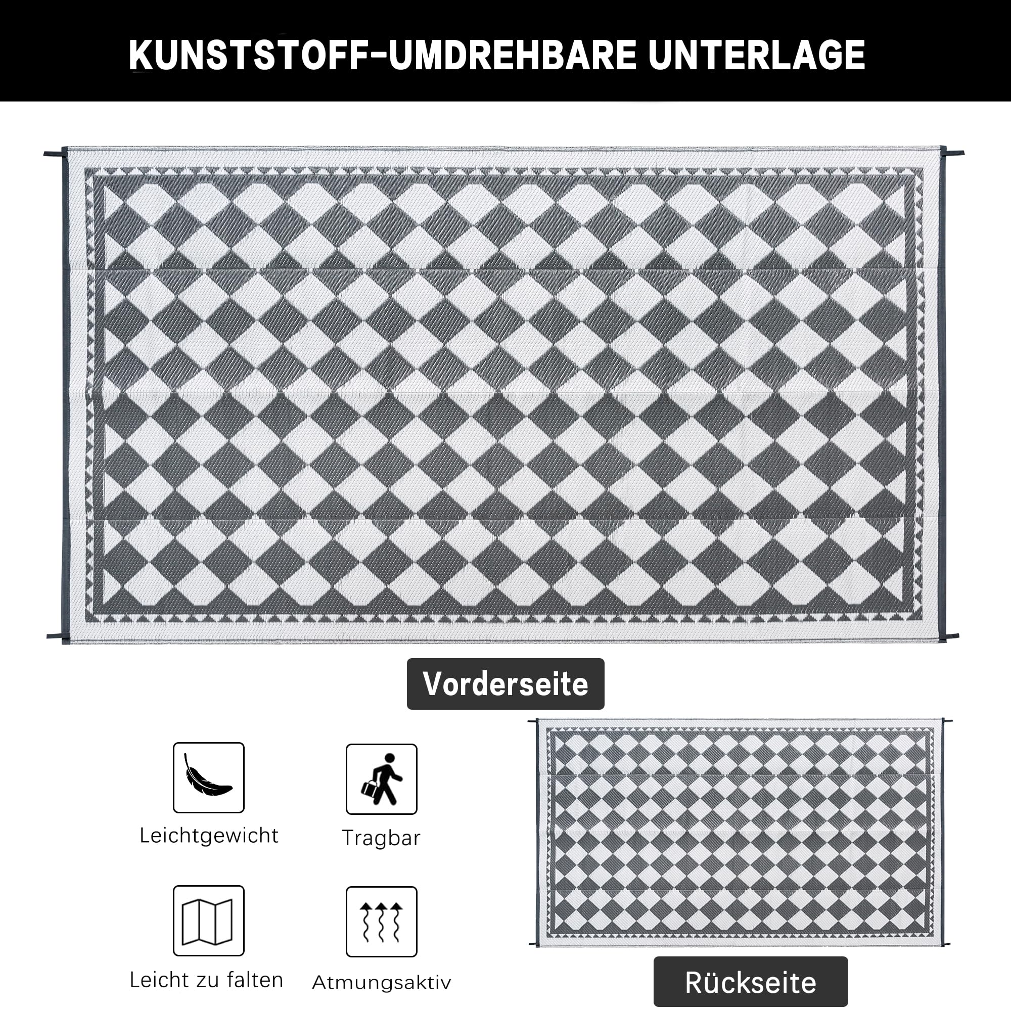 PureCozy Outdoor Teppich Wetterfest,180x270cm Wendbarer Balkon Camping Teppiche, UV-Beständige Outdoorteppich Carpet rutschfest für Garten Balkon Camping Terrassen, Grau
