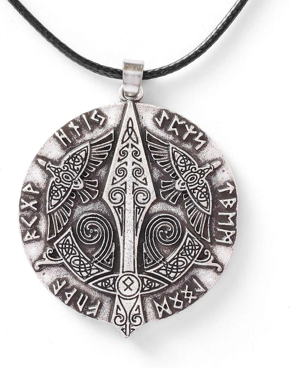 HAQUIL Viking Necklace, Odin Gungnir Huginn Muninn Ravens Medallion Pendant, Faux Leather Cord, Viking Jewelry Gift (AD)