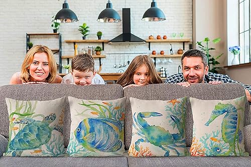 Miniatura 6 de Juego de 4 fundas de almohada costeras de 18 x 18 pulgadas, diseño de océano, para exteriores, playa, temática de verano, tortuga, caballito de mar,