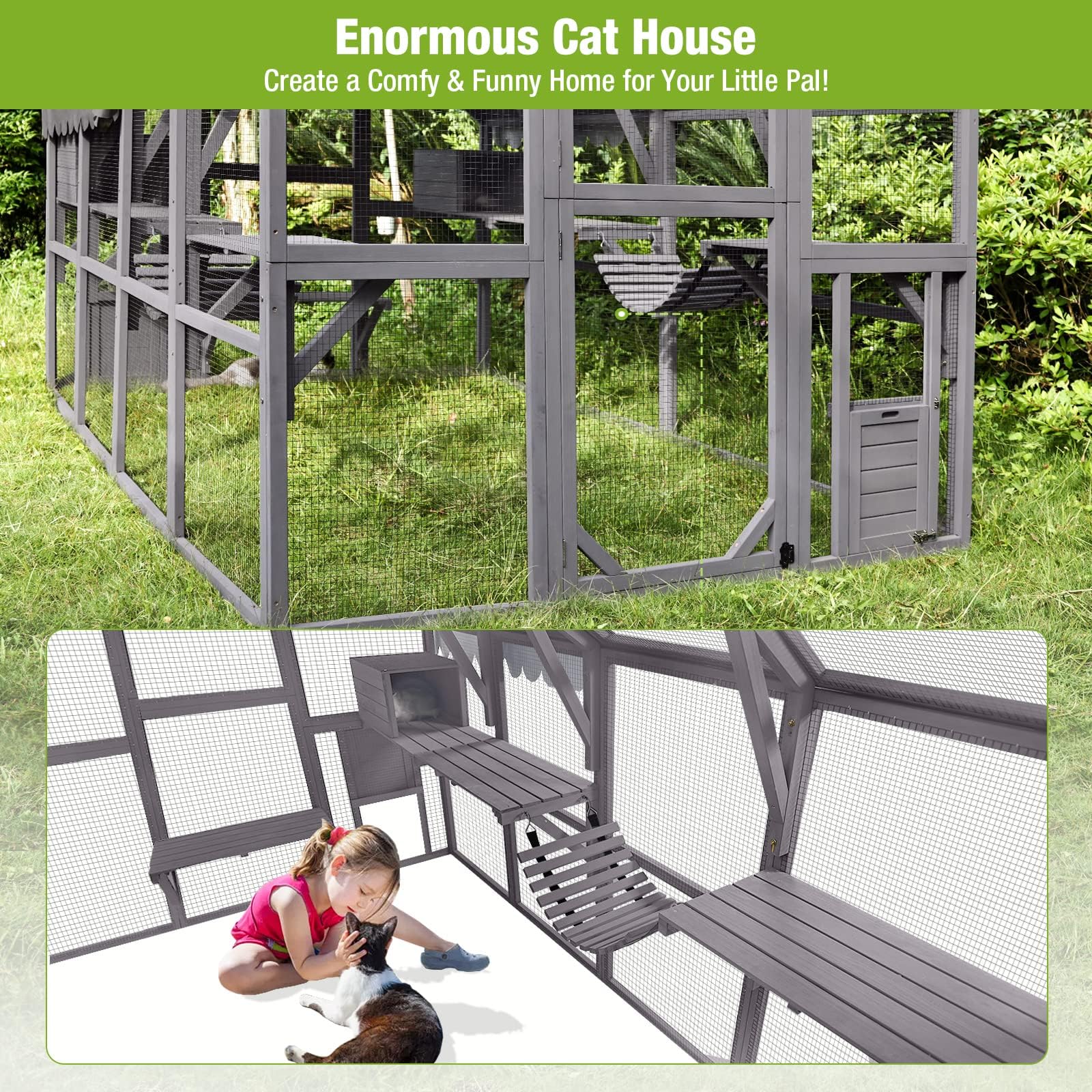 Catio - Casetta per gatti in legno, grande, per esterni, con tettuccio, 280 x 187,7 x 187,2 cm
