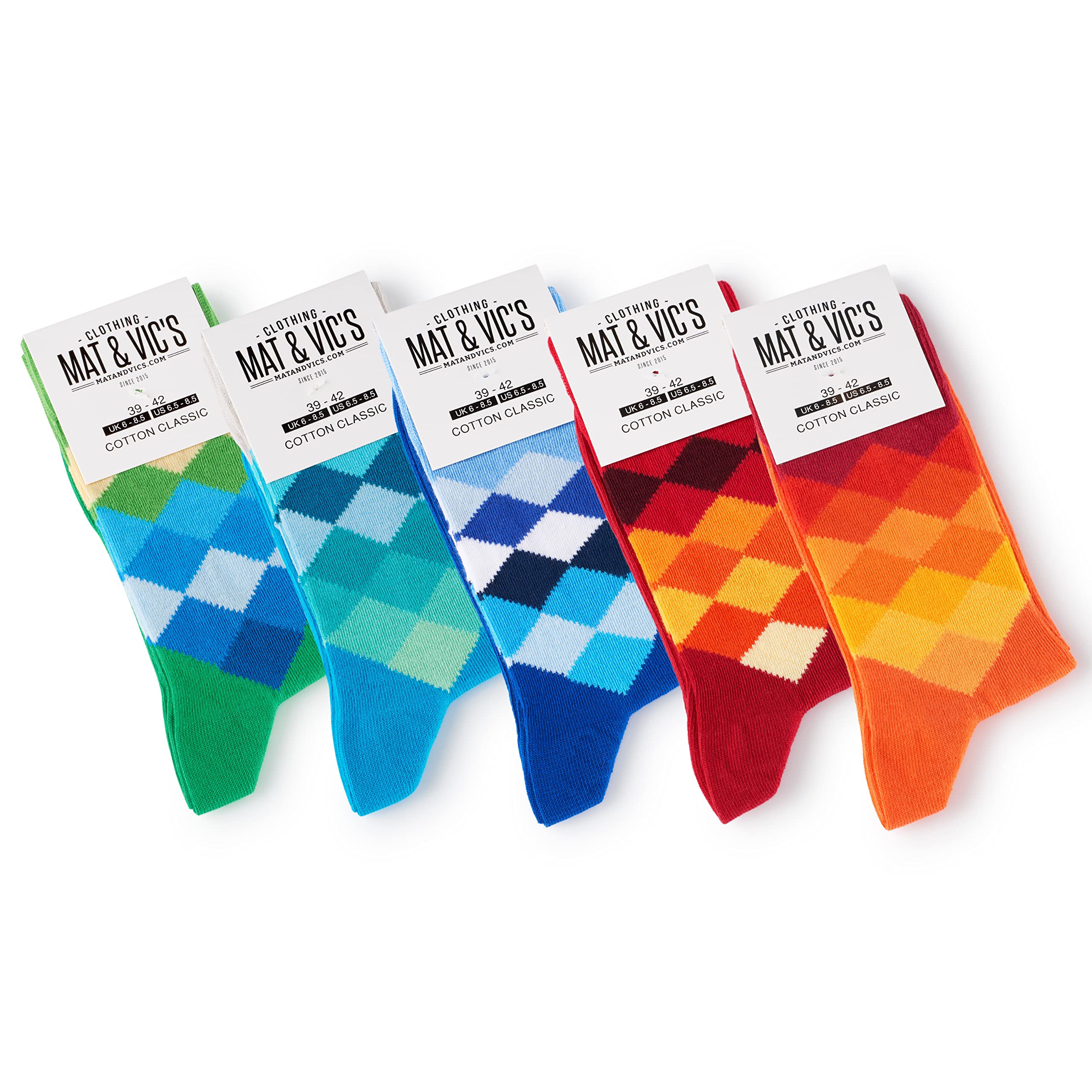 Mat & Vic's Socken Herren 47-50, feine Strümpfe aus Cotton Baumwolle gekämmt, Herrensocken für Freizeit, für Business Männer Damen, Diamond Mix 2 - kariert Karomuster Raute bunt, 5 Paar