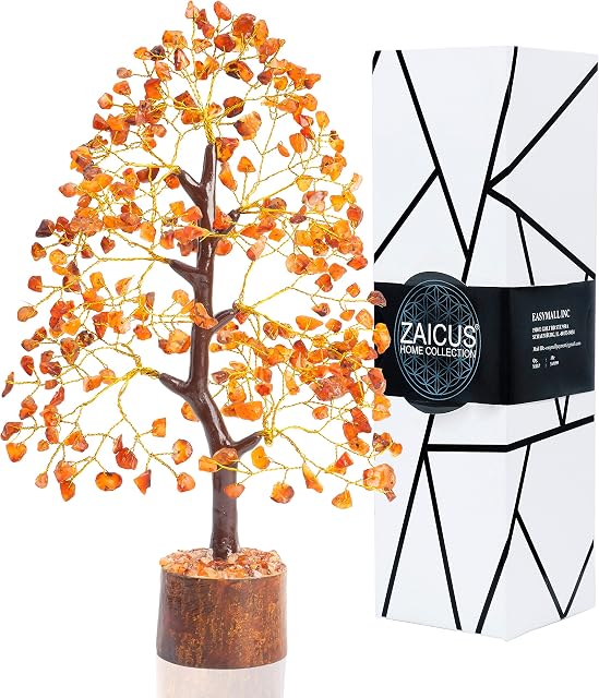 Carnelian Crystal Tree Golden Wire Gemstone Tree of Life Feng Shui Bonsai Tree for Crystal Healing Energy Generator Spiritual Chakra Meditation Accessories Home Office Decor 10-12 Inch