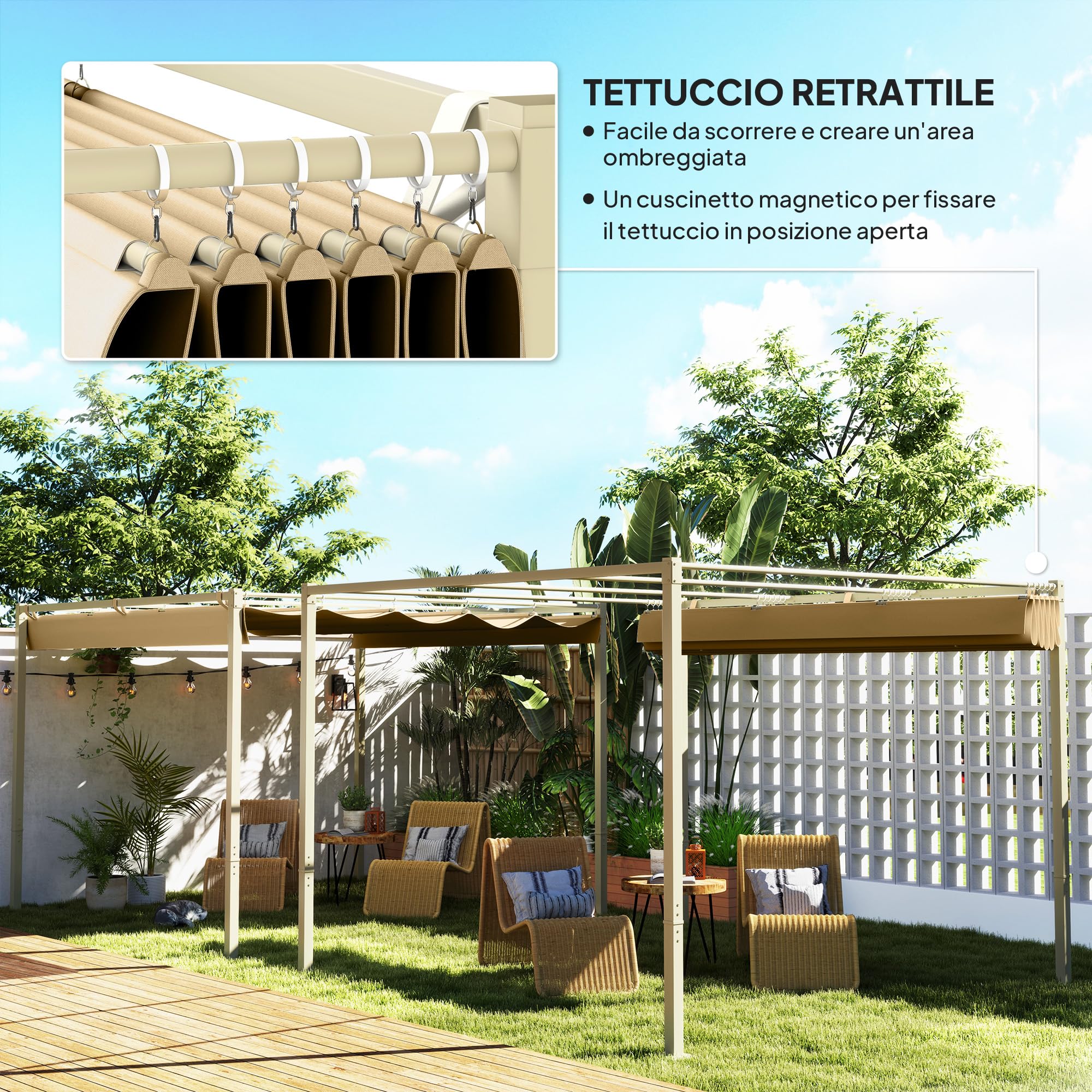 Outsunny Gazebo Pergola 3x3 m Pergolato,Telo Richiudibile Retrattile, Cachi | Telo Resistente, Struttura in Metallo, Pergola per Giardino, Terrazzo, Balcone, Veranda, Patio, Piscina, Esterno