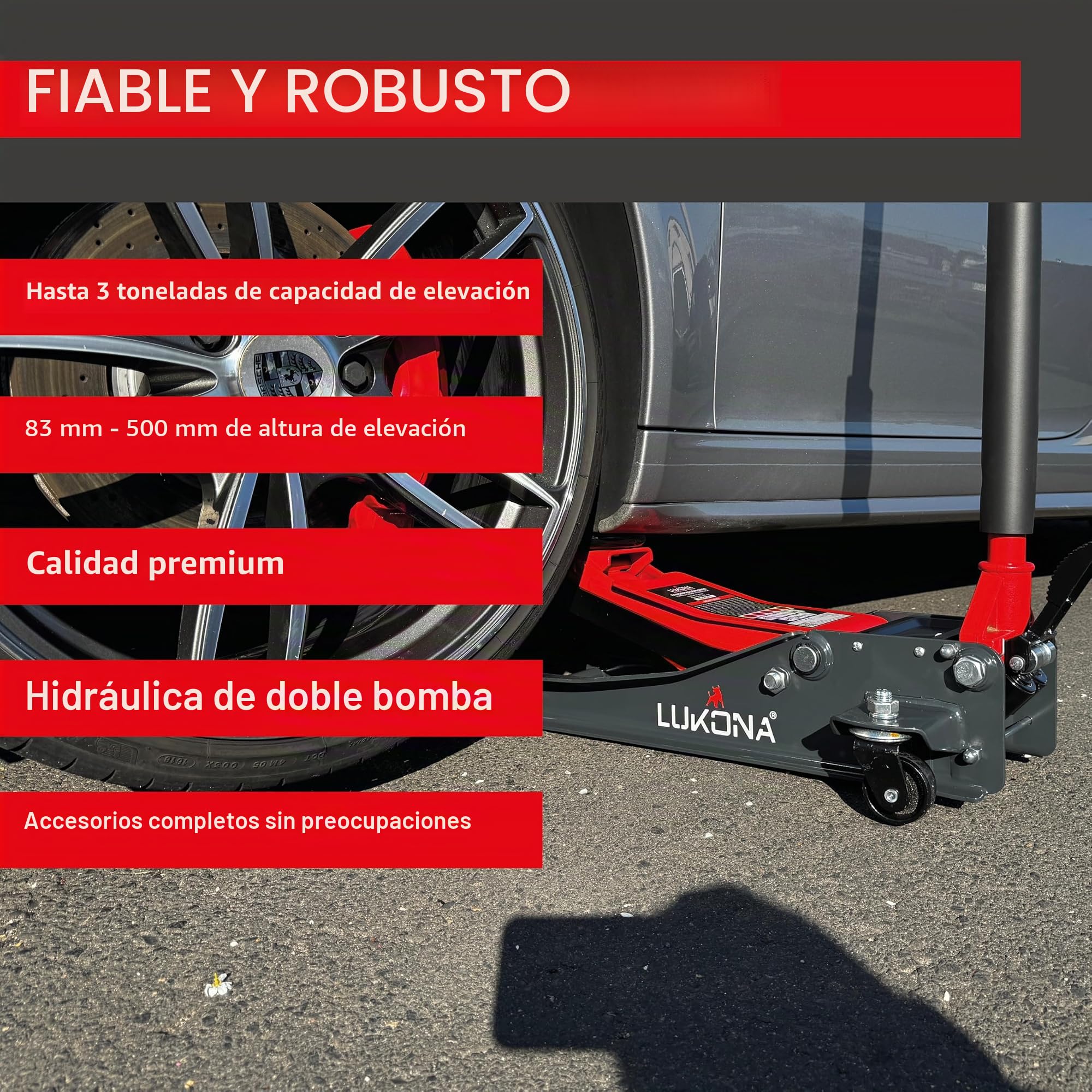 Gato hidráulico 3T (83 – 500 mm) – Pedal extra – Mango en D – Incluye pasador de neumático, rodilleras y guantes – Gato hidráulico para coche (rojo)